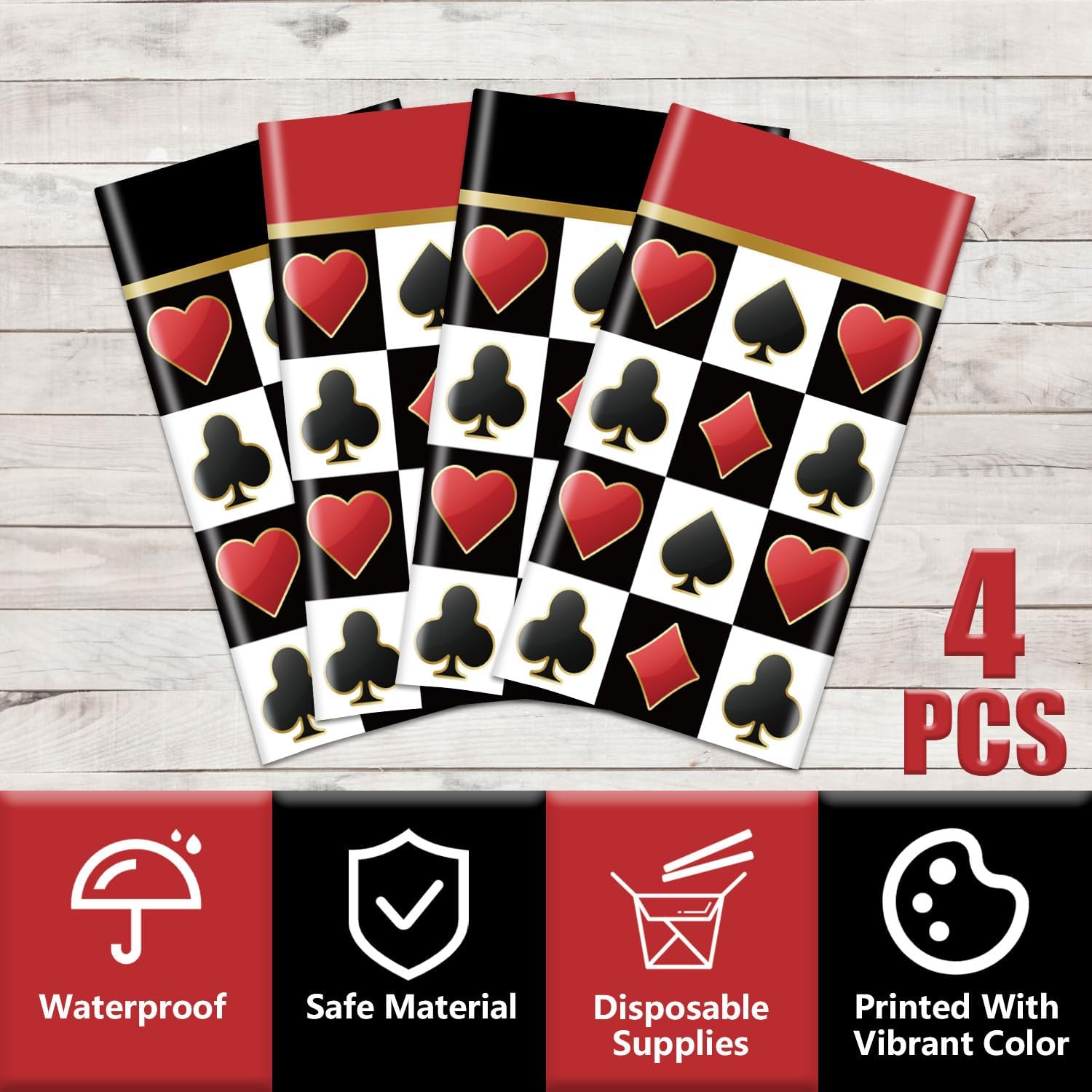 4 Pcs Casino Tablecloths, Red and Black Poker Table Cover Playing Card Tablecloth for Casino Theme Party Decorations Poker Game Birthday Supplies