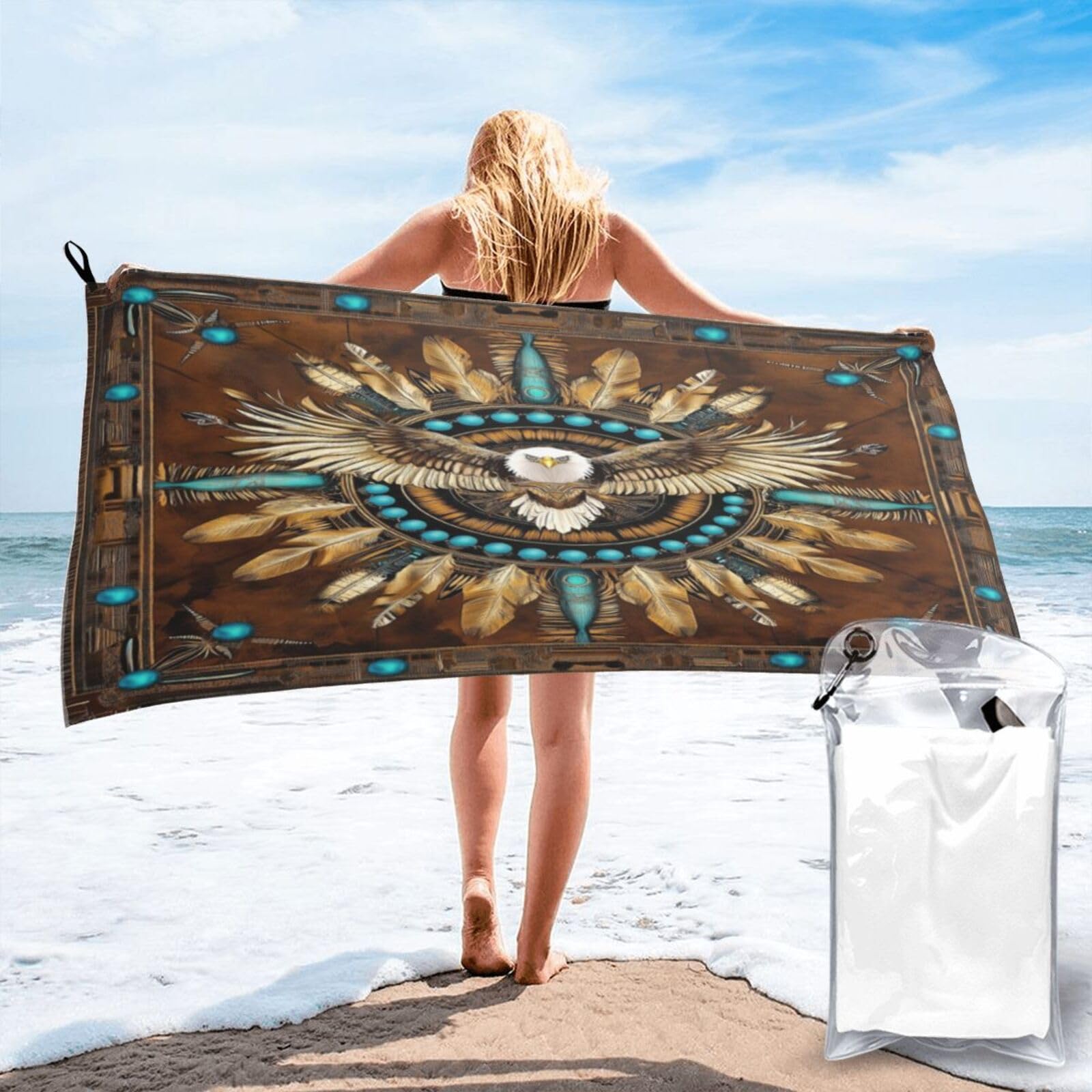 Anceky Eagle Feather Ornate Native American Design Quick Dry Microfiber Travel Towel with Carry Case and Carabiner 27.5"X55"