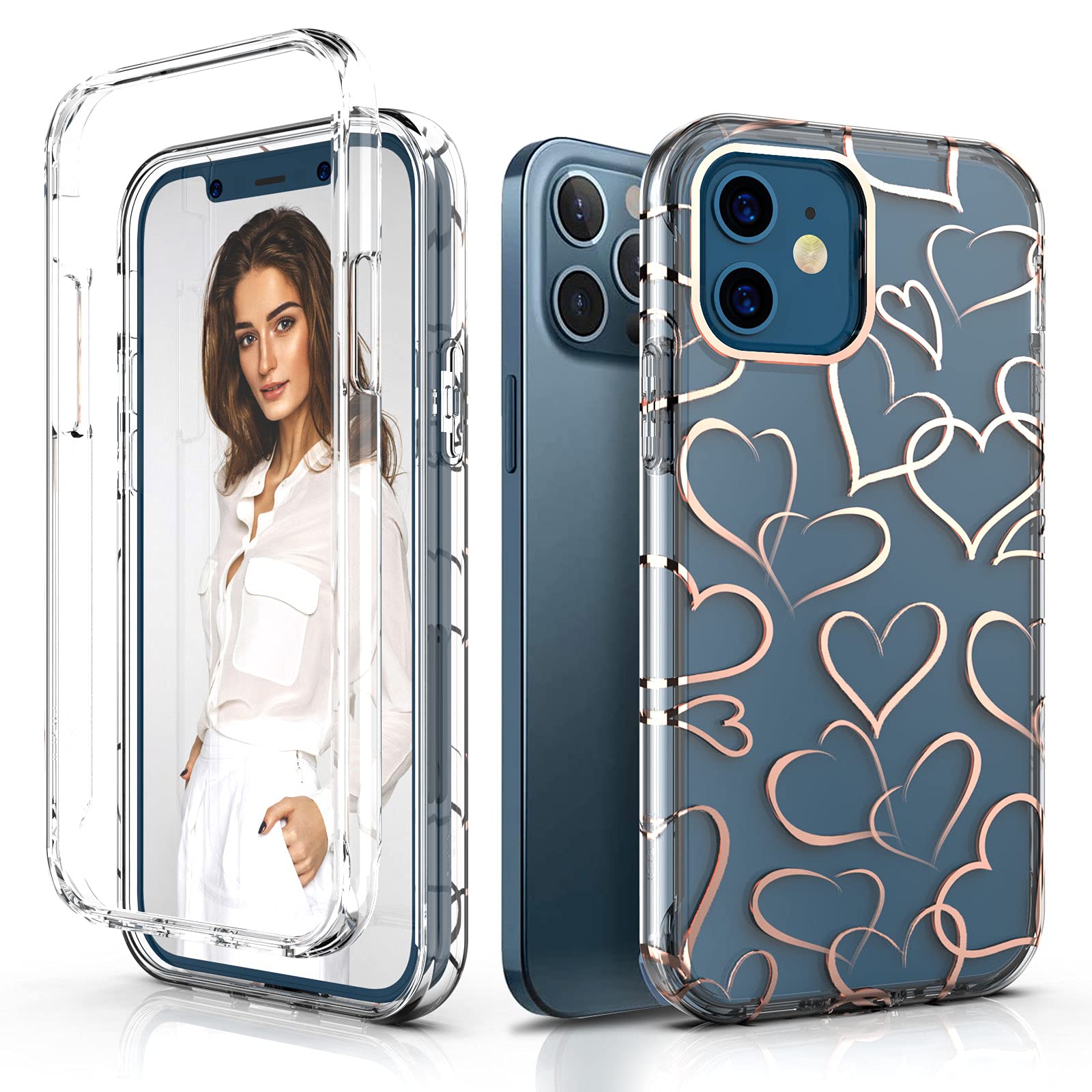 Bapicare Case for iPhone 12 Pro Case,iPhone 12 Case 5G 6.1 Inch,Rose Gold Heart Cute Design for Girls/Women, Glitter Clear Durable Slim Hard Back + Soft TPU Bumper Shockproof Protective Phone Case.