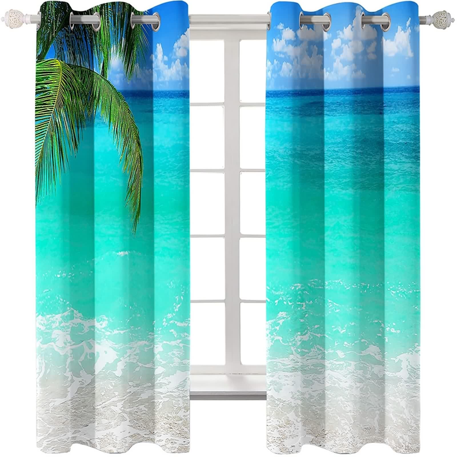 Rideau Occultant, Rideau Anniversaire Bleu Vert Polyester Paysage de Feuilles de Palmier de Mer 102L x 229H CM Lot de 2