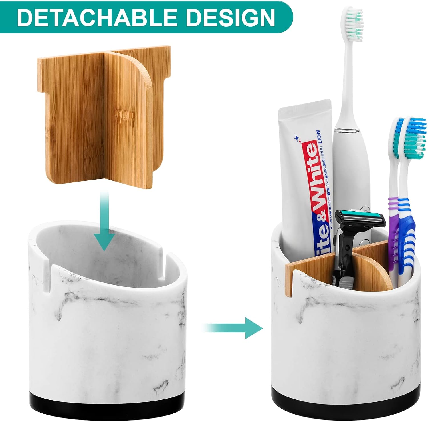 VITVITI Toothbrush Holders for Bathrooms, Tooth Brush/Toothpaste Holder Storage, Marble Look Bathroom Organizer Countertop for Sink/Vanity, Round Bathroom Accessories, White Resin with Bamboo