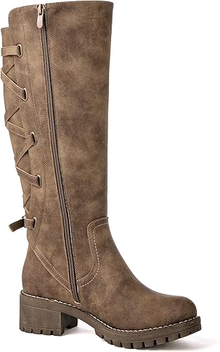 Vista 3 de GLOBALWIN Botas altas de motocicleta con tiras para mujer, botas de equitación de pantorrilla ancha con cordones en la parte trasera para otoño e