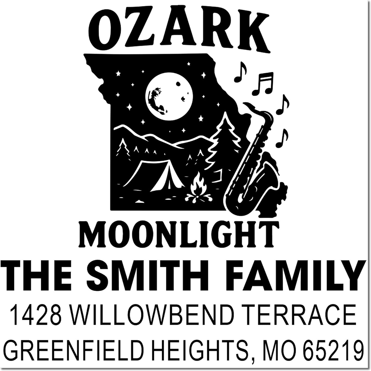 Ozark Personalized 3-Line Rubber Stamp, Moonlit Campfire Jazz Design, 1-5/8 Square, Wood Handle, Stamper for Crafters, Small Business, DIY Projects, Branding