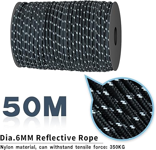 Miniatura 2 de Cuerda de paracaídas al aire libre de 164.0 ft, cuerda reflectante más fuerte, cuerda de supervivencia, cuerda para tienda de campaña (negro)