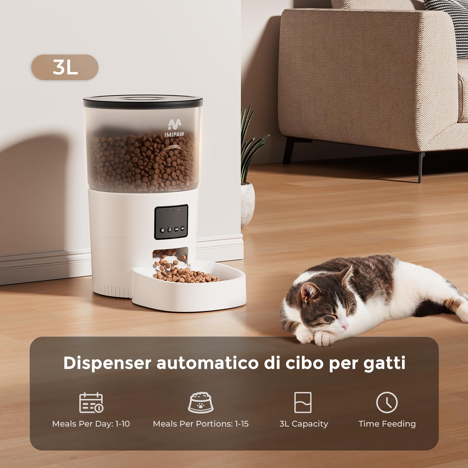 IMIPAW Distributore Automatico Cibo per Gatti - Alimentatore Intelligente 3L, Controllo APP, Timer Programmabile, 10 Pasti al Giorno, Dispenser Cibo per Cani Domestici di Taglia Piccola e Media