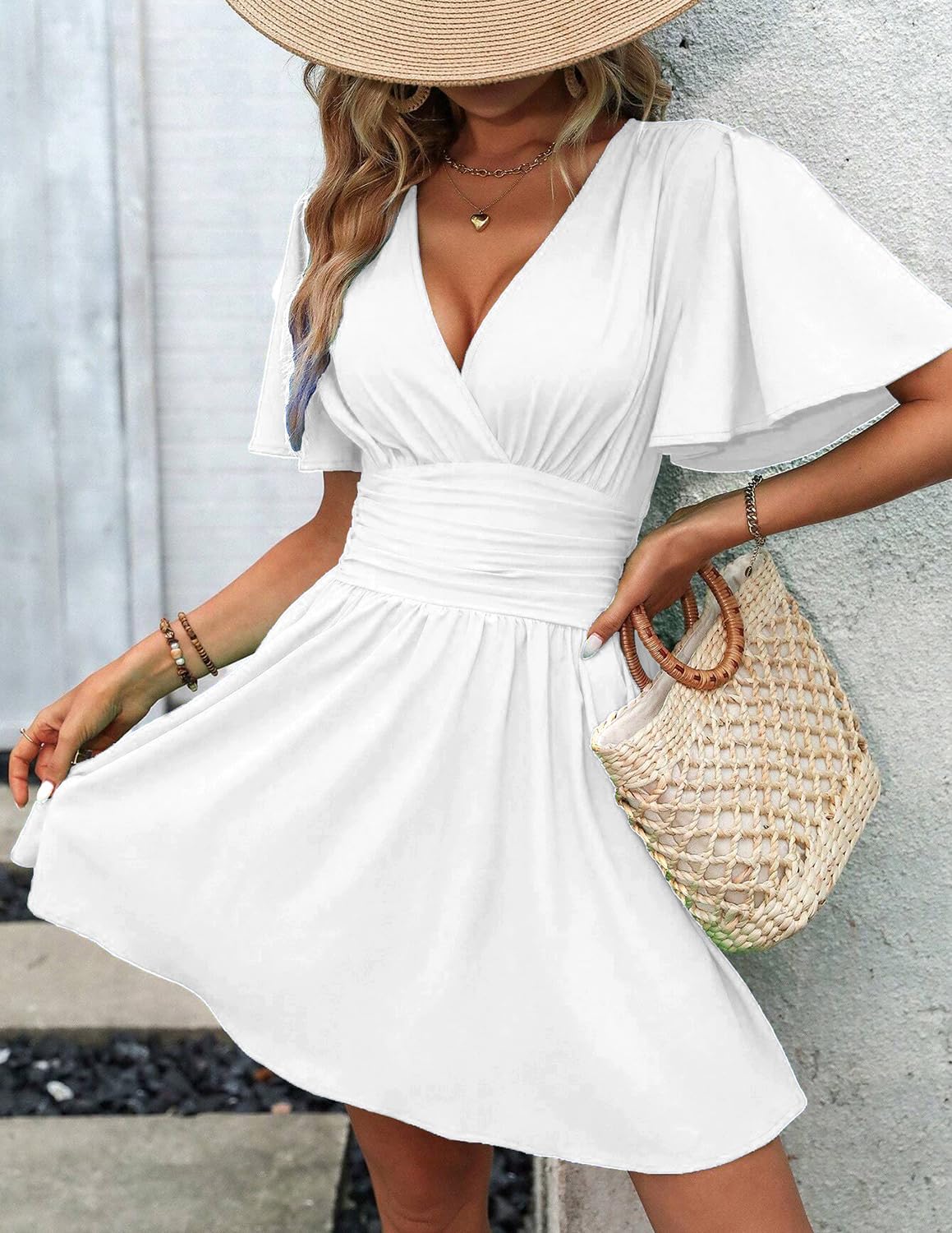 Vestito Casual da Donna Manica Lunga Vita Alta A Line Abiti Avvolgenti Scollo a V Midi Dress