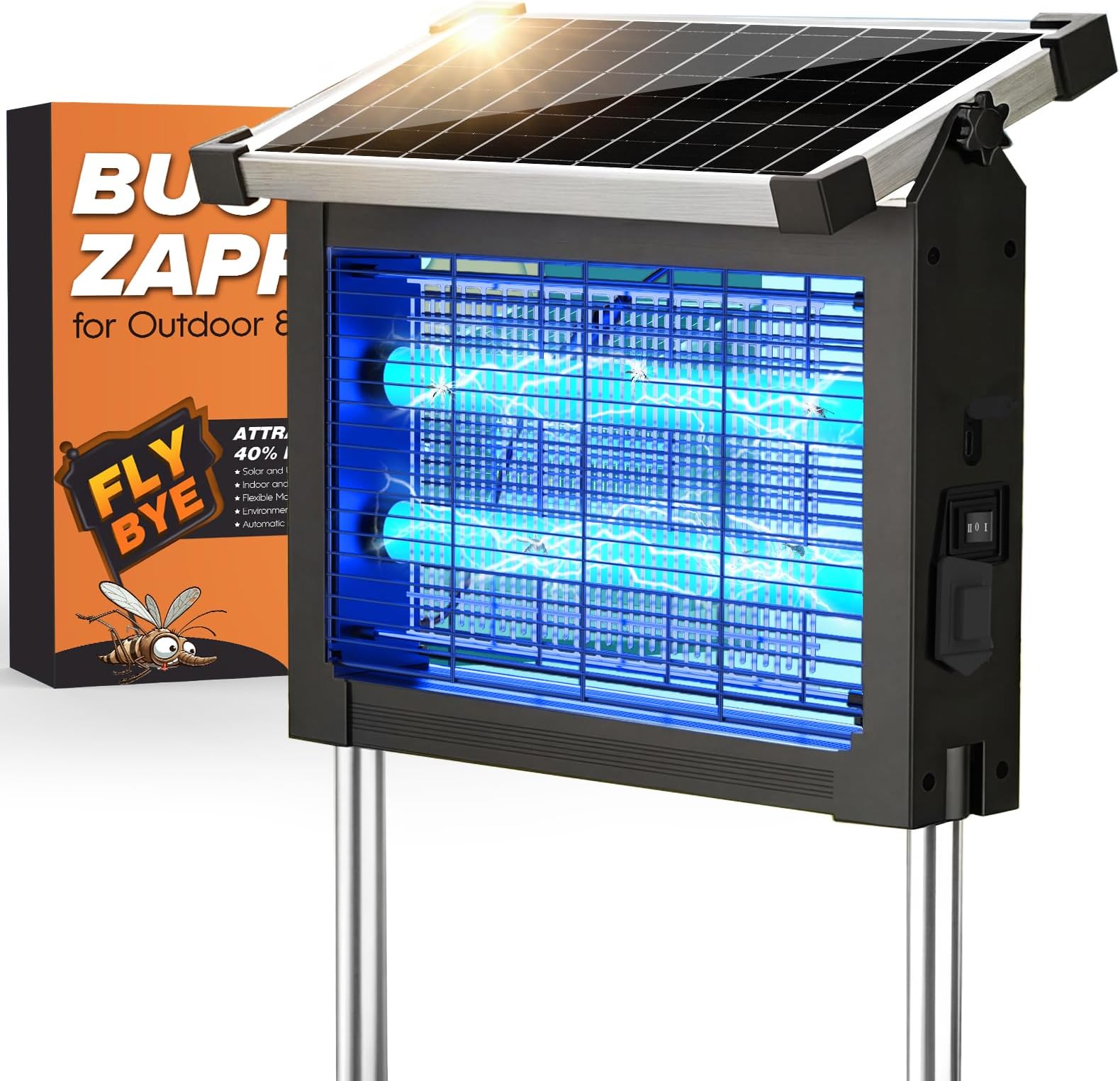 Solar Bug Zapper Outdoor, 4500V Waterproof Mosquito Zapper with 10W Solar Panel, Cordless Rechargeable Electric Fly Zapper, Mosquito Killer Lamp with Auto Sensor for Patio, Backyard, Garden, Camping