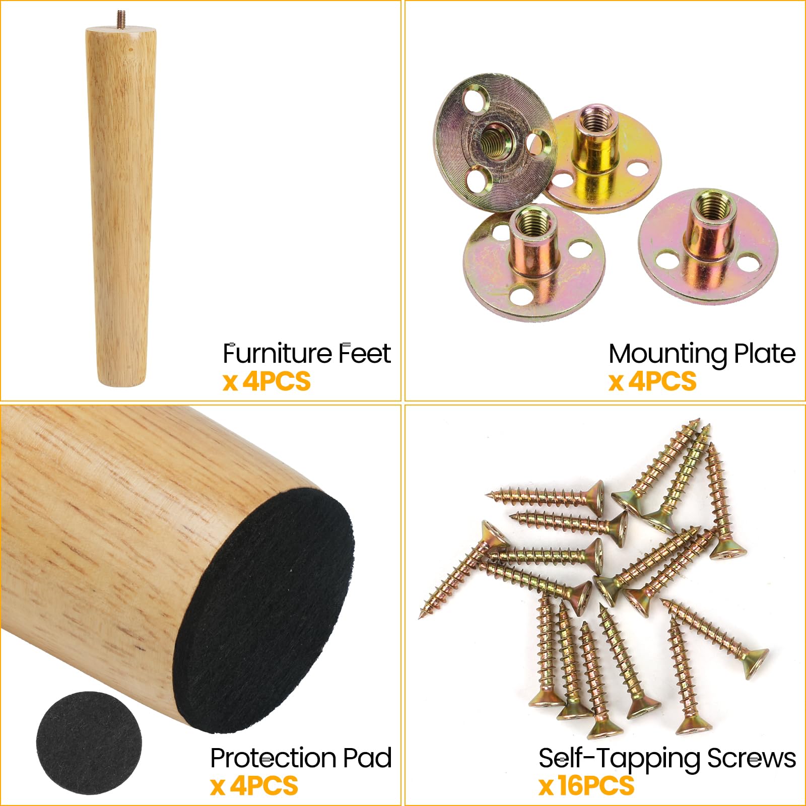 4 Pezzi Gambe per Mobili Legno 30CM Piedini per Mobili Ricambio Parti di Mobili in legno Gambe per Cabinet Divano Letto Tavolo con Piastra di Montaggio, Pad Antiscivolo e Viti