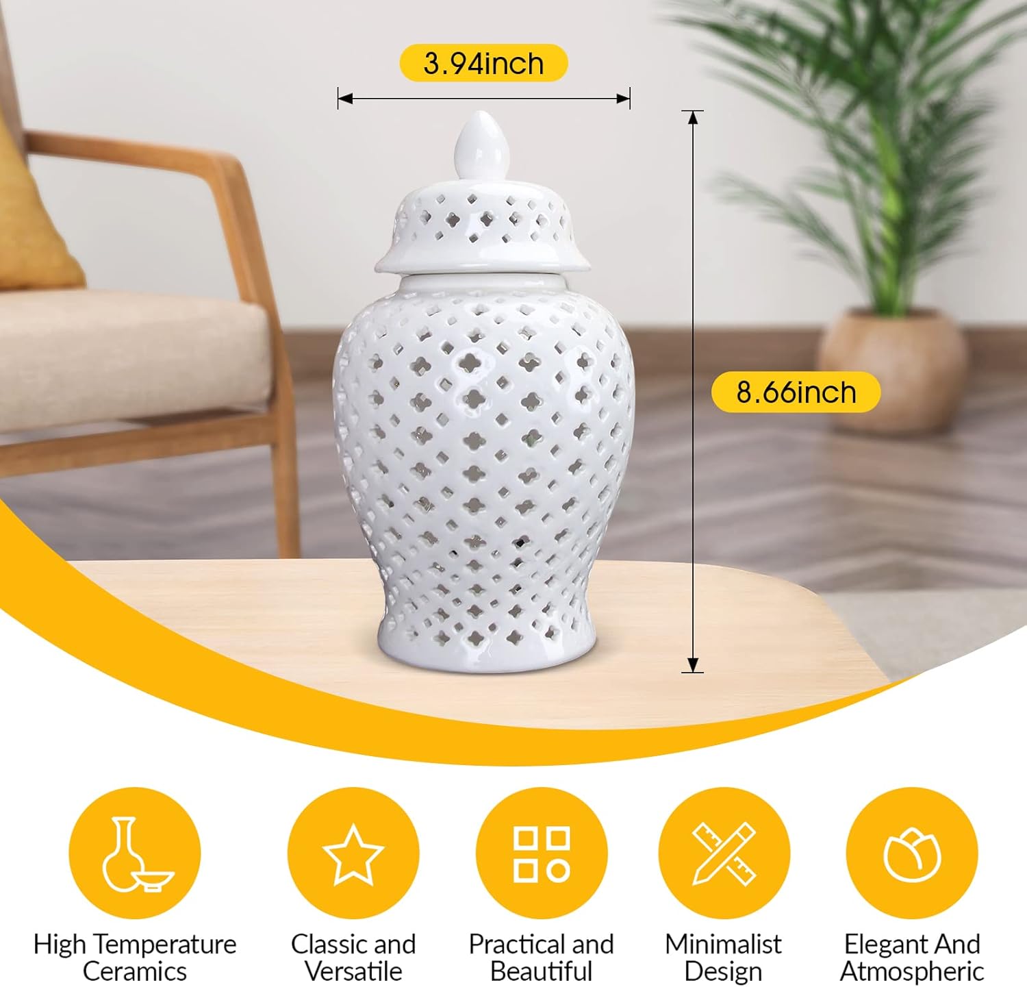 Ceramic Ginger Jar Display Lattice Hollow Vase Temple Jar Porcelain Storage Jars Ornaments for Desktop Office Gift Decoration, White, 3.94 x 8.66inch