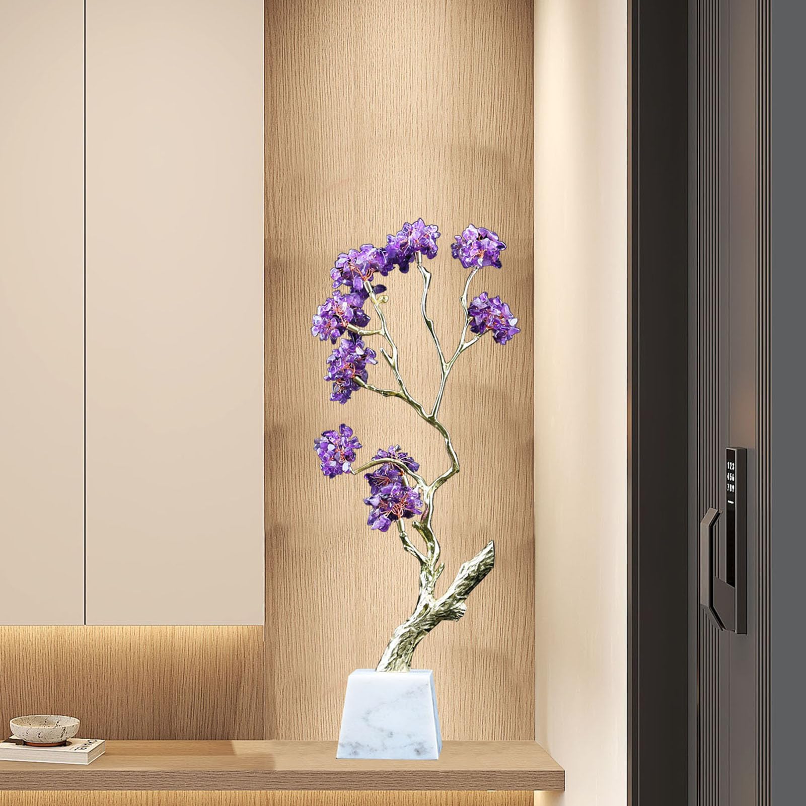 Zestaw feng shui z kwiatami ametystu i jeleniem - Naturalna fioletowa kryształowa kompozycja kwiatowa z figurką jelenia szczęścia dla bogactwa, harmonii i błogosławieństwa domowego,A