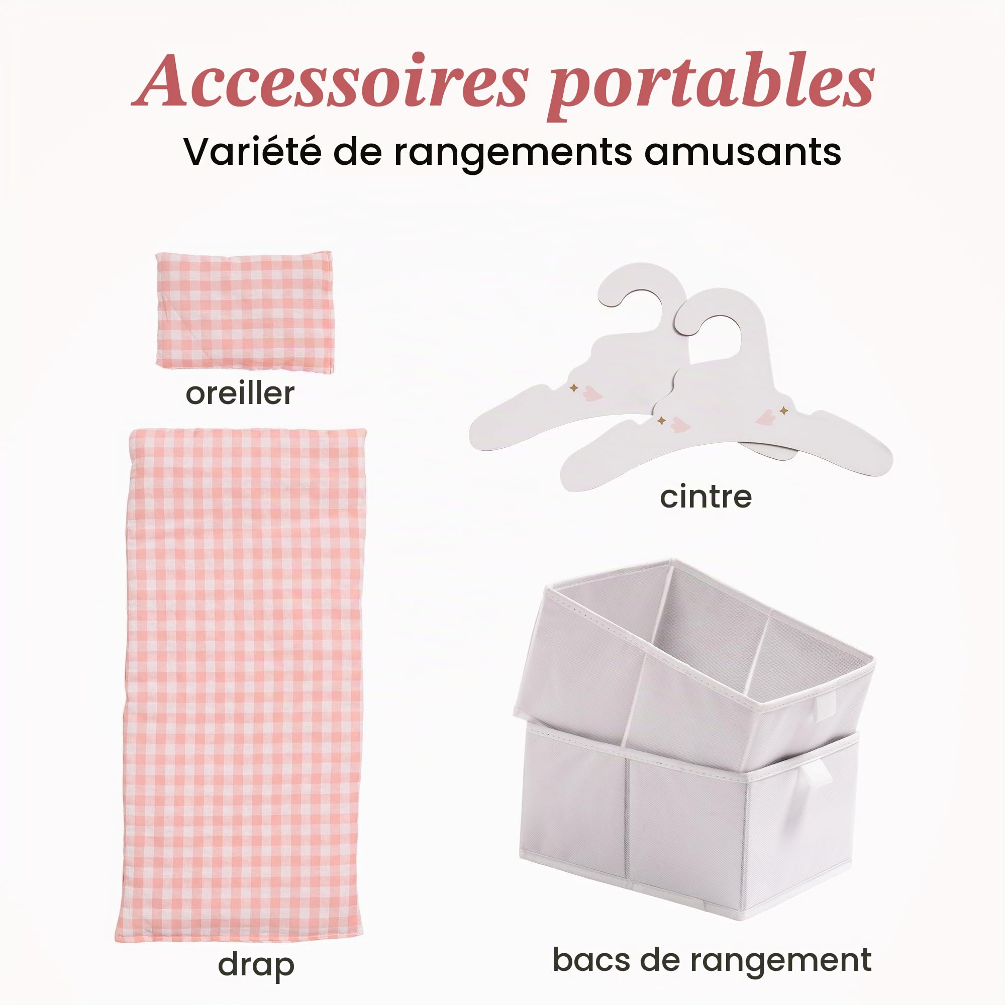 ROBUD Lit Poupee en Bois avec Armoire, Literie, Rangement et Crochets, Lit de Poupée Accessoires pour Poupées Jusqu'à 55 cm, pour Enfant à Partir de 3 Ans (Rose)