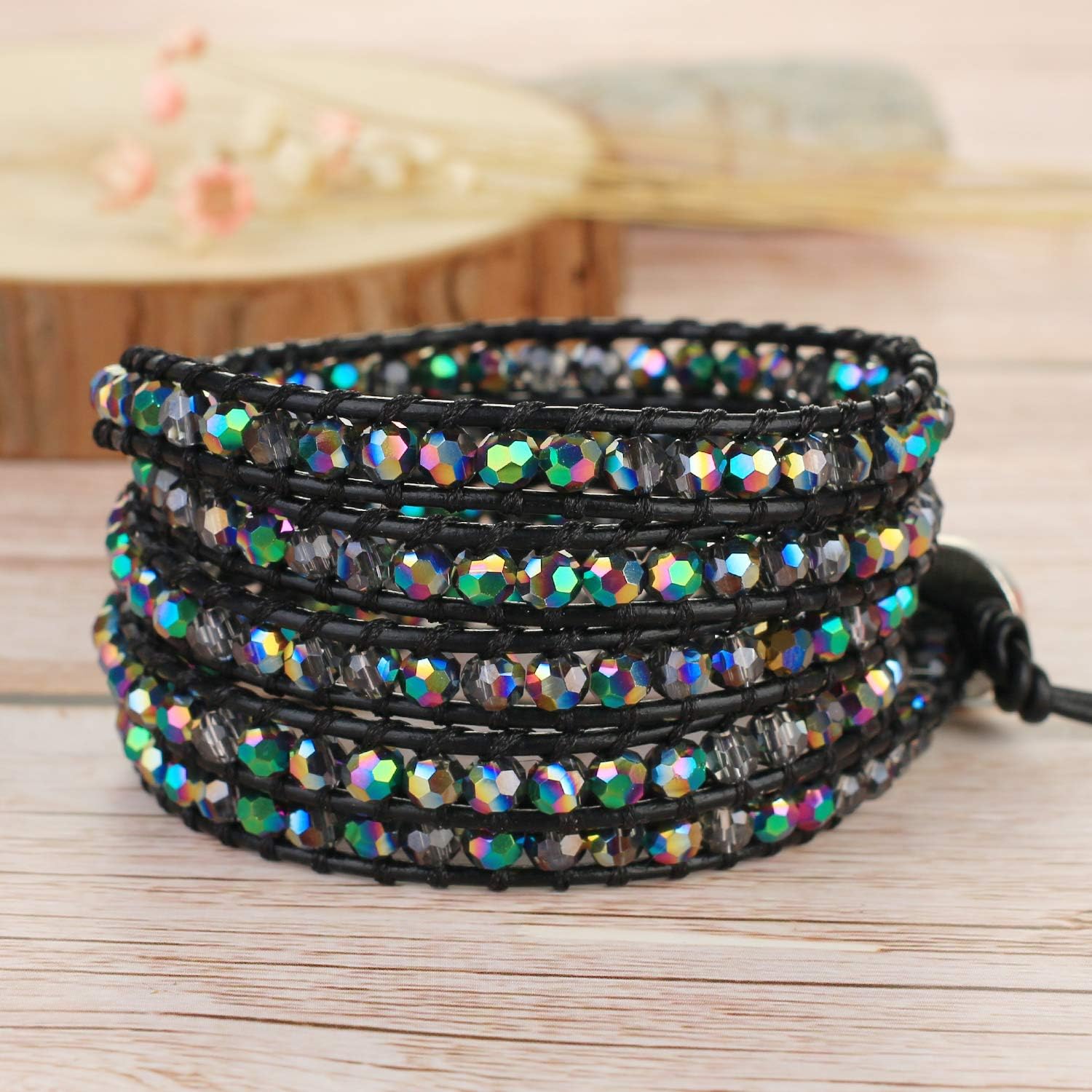 KELITCH New Genuine Leather 5 Wrap Bracelets Handmade Crystal Bracelet New Jewelry (Black), Black 56, 34 inch - Image 4