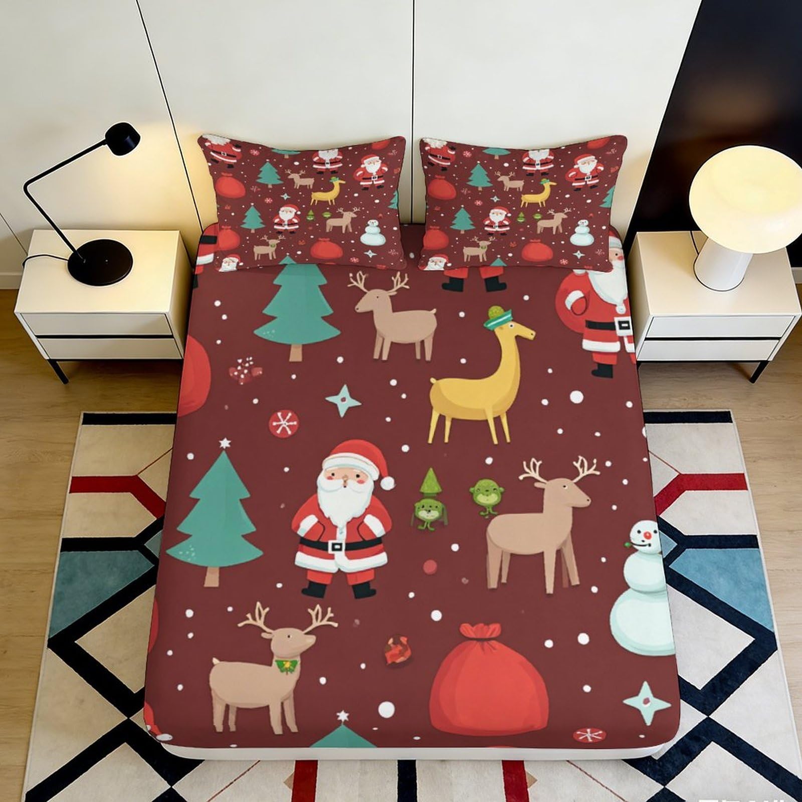 3D Printed Christmas Santa Fitted Sheet Microfiber Red Reindeer Snowman Tree Mattress Cover for Bedroom Guest Room Decor 90x200x25cm