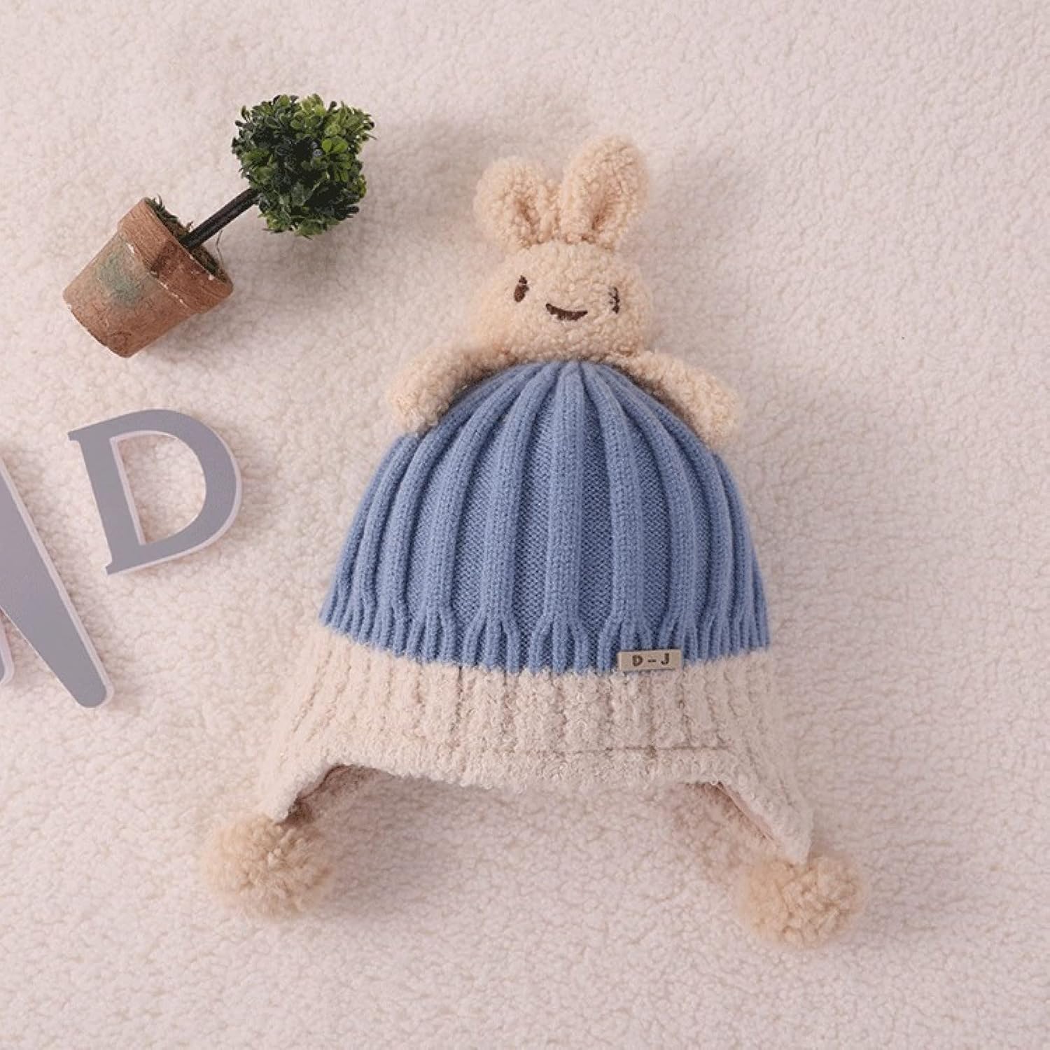 Lined Beanie Hats,Cute Children's Woolen hat, Warm Ear Protection Baby hat,Blue,One Size (1-3 Years Old),with Detachable Pom Pom Hats