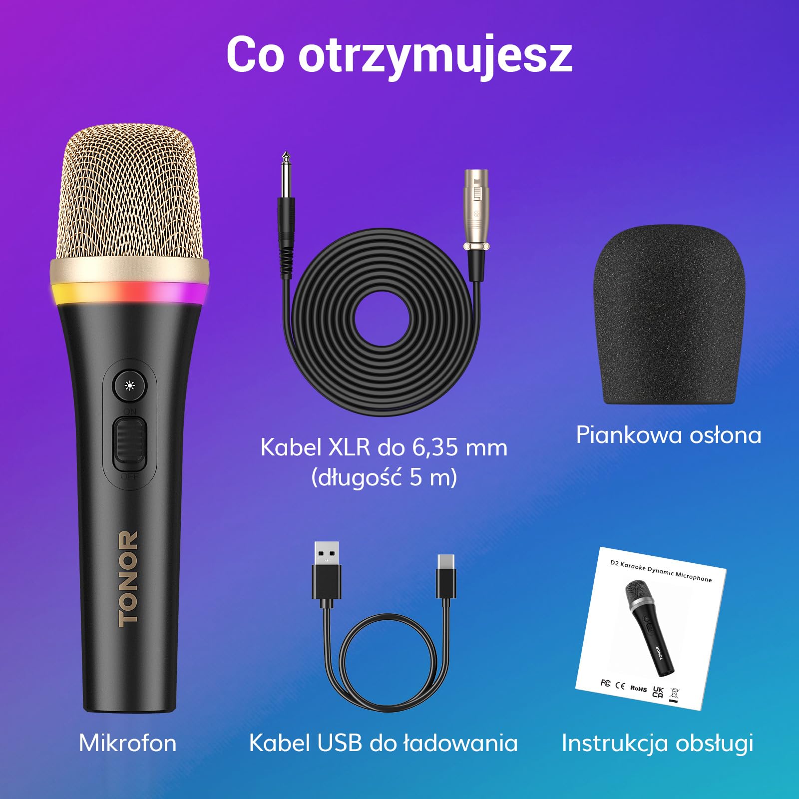 TONOR dynamiczny wokalny mikrofon do karaoke do śpiewania, profesjonalny ręczny przewodowy mikrofon XLR, różowy mikrofon z kablem 5 m, odpowiedni do śpiewu na żywo/sceny/głośników/studio/domu/imprezy