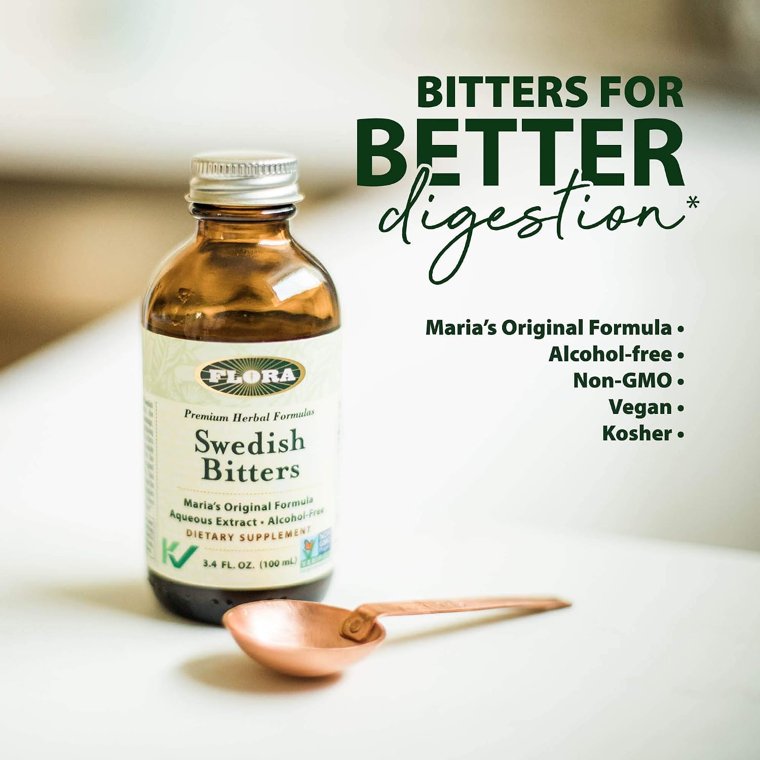 FLORA - Swedish Bitters, Digestive Herbs, Alcohol-Free, 3.4 Fl Oz