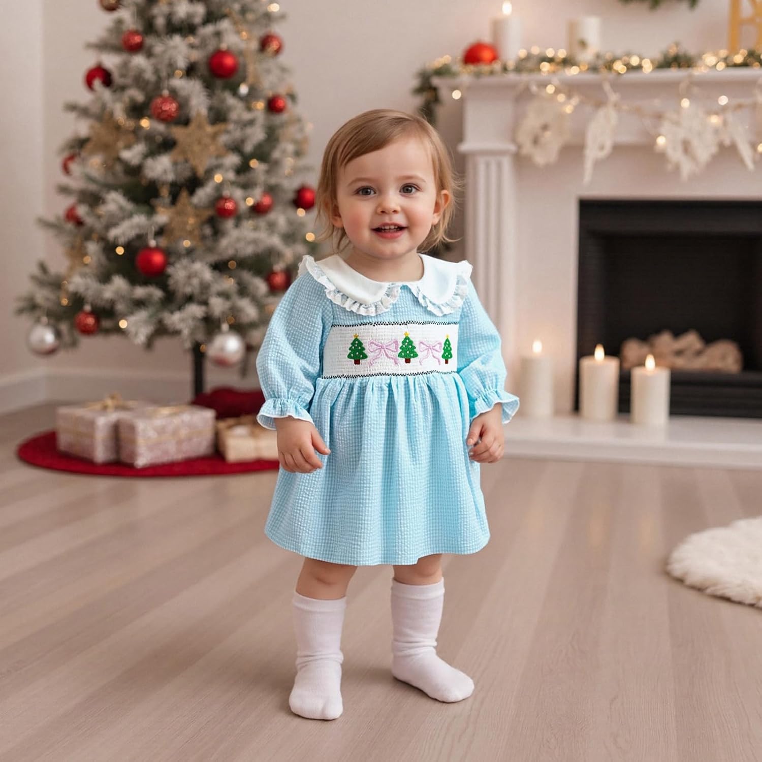 Toddler Baby Girl Christmas Dress Long Sleeve Doll Collar Red Plaid Santa Claus Embroidery Fall A Line Dress - Image 3