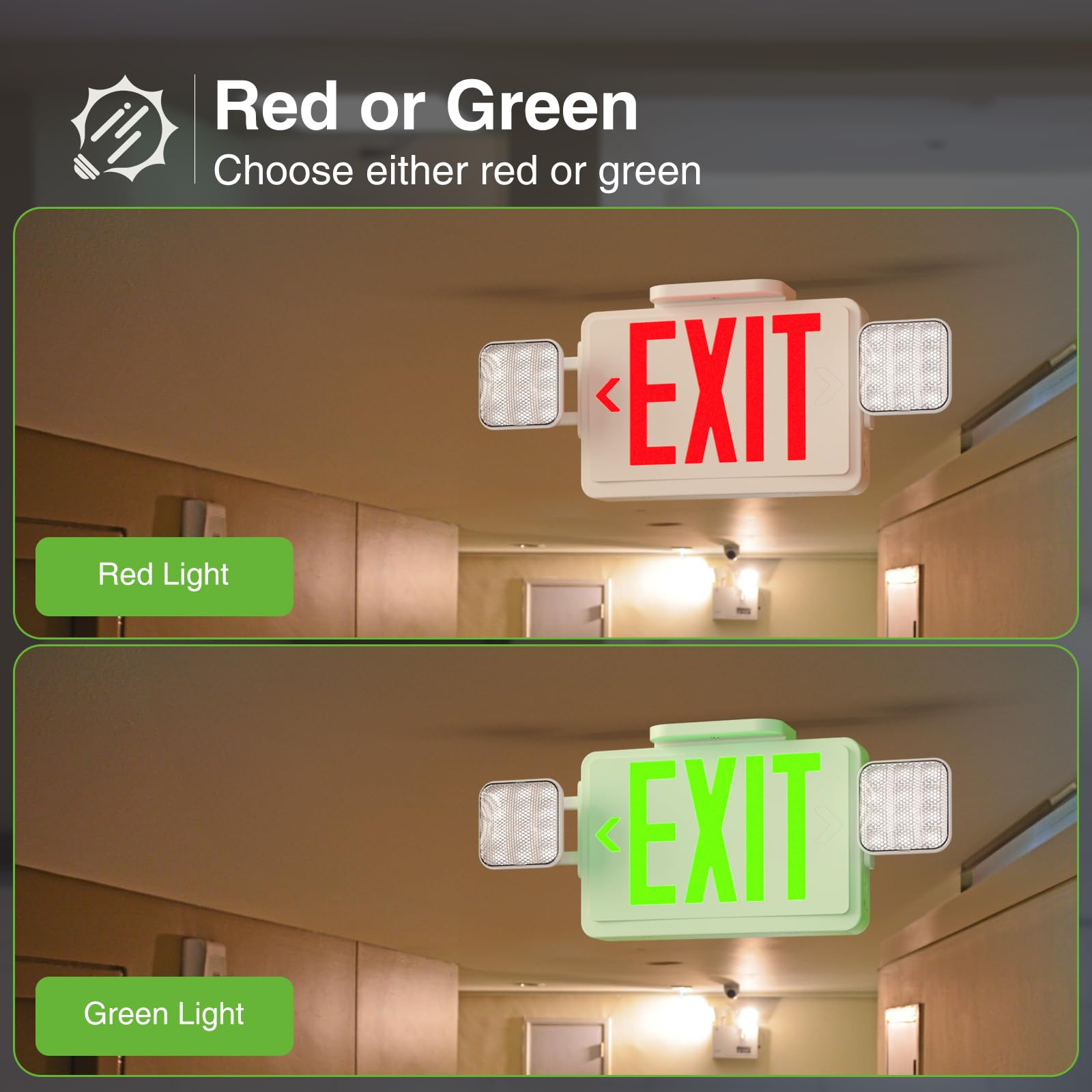 FREELICHT Paquete de 6 señales de salida rojas con luces de emergencia, dos luces LED ajustables de salida de emergencia con batería de respaldo, cable duro, listado UL, combo de iluminación de salida