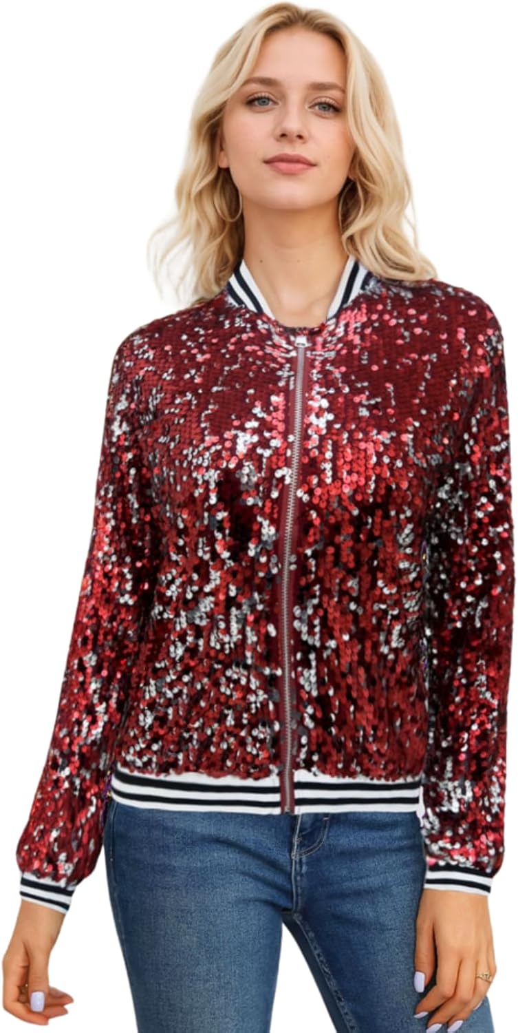 GRAJTCIN Women's Sequin Jackets Shiny Disco 70s/80s Sparkly Bomber Jacket Casual Long Sleeve Mardi Gras Party Outfit