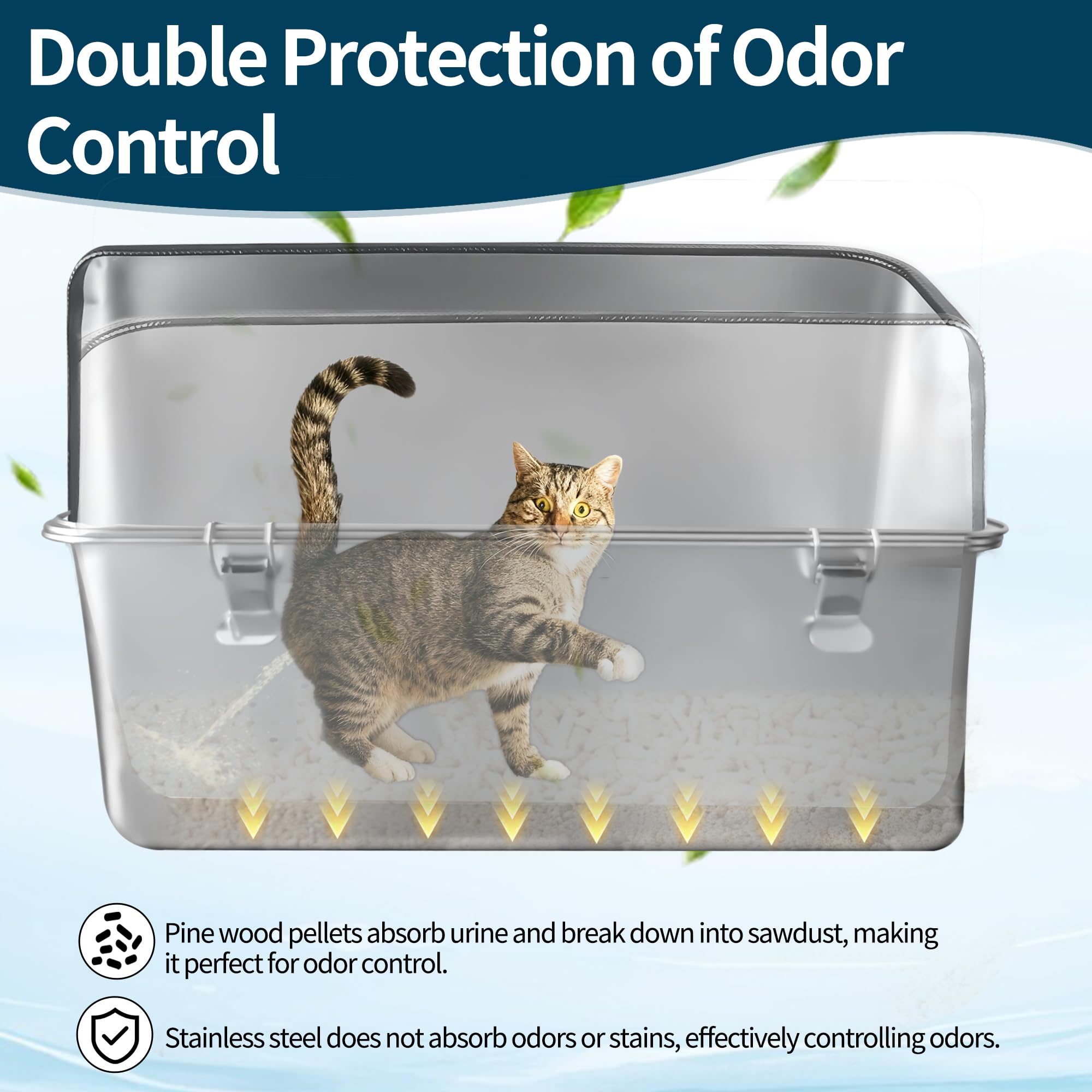 Bac à litière XXL en Acier Inoxydable pour Chat - 60x40x40cm (L x l x H) - Extra Large - Semi-fermée - Amovible - avec Couvercle Haut - Pelle - Non adhésive - Nettoyage Facile