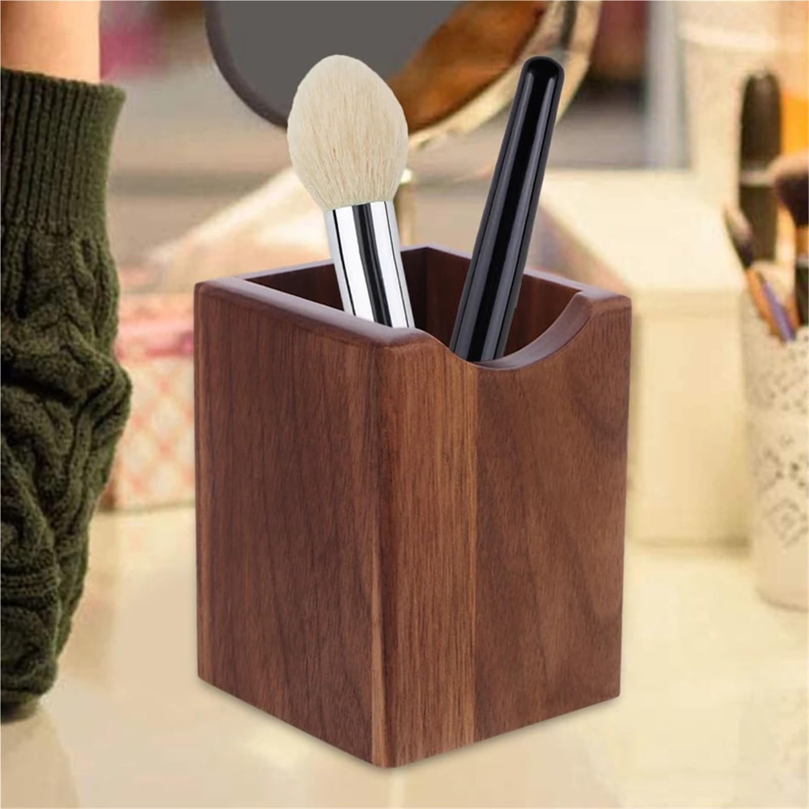 Stifthalter für den Schreibtisch, Stifthalter aus Holz, Schreibtisch-Organizer, dunkelbraun, 10 x 7,6, cm