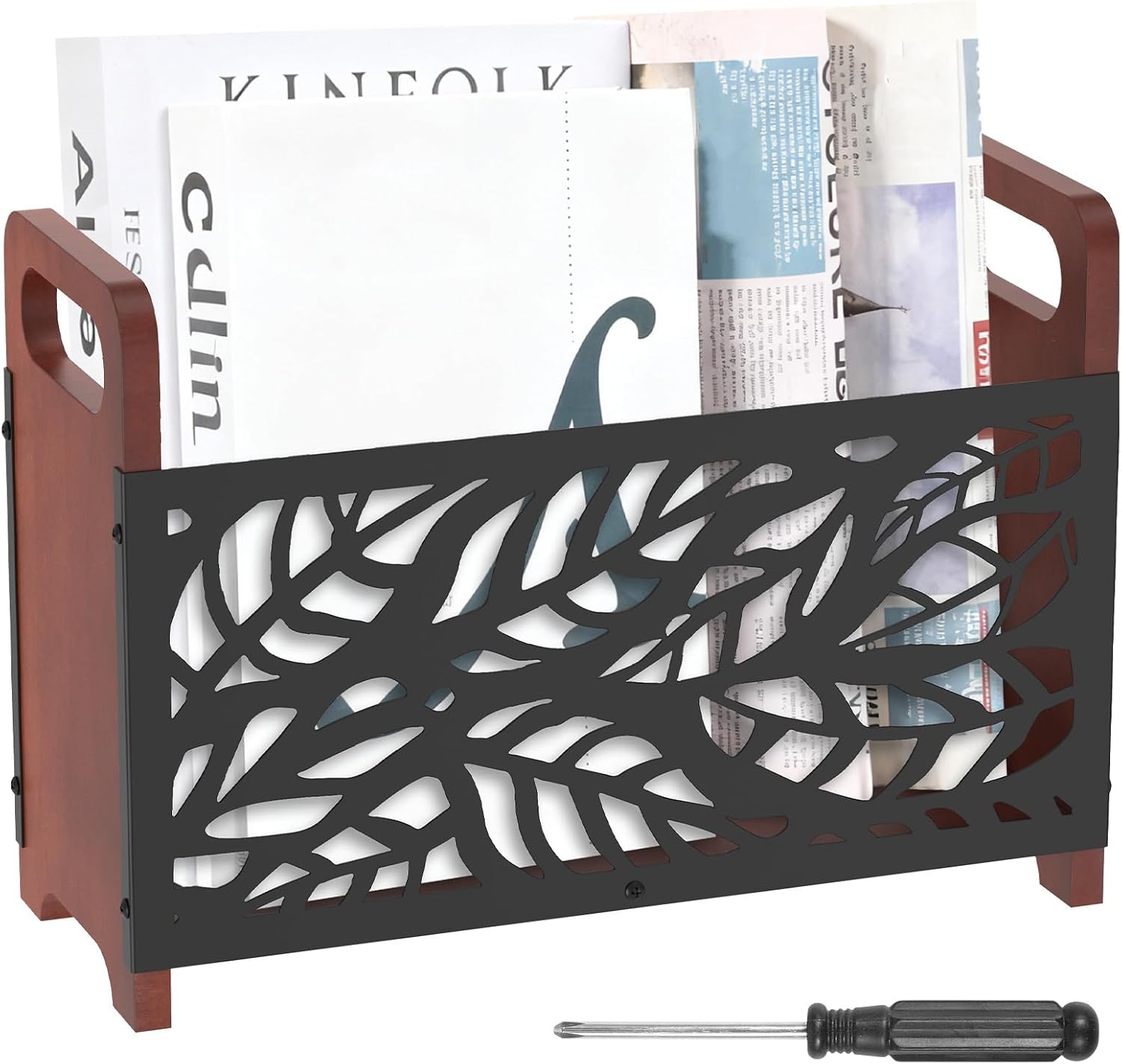 Magazine Rack, Wood Magazine File Holder, Rustic Newspaper Basket, Space Saving Mail Organizer, Folder Organiser Bin for Magazines Books Newspapers Tablets in Living Room Home Office(Leaf)