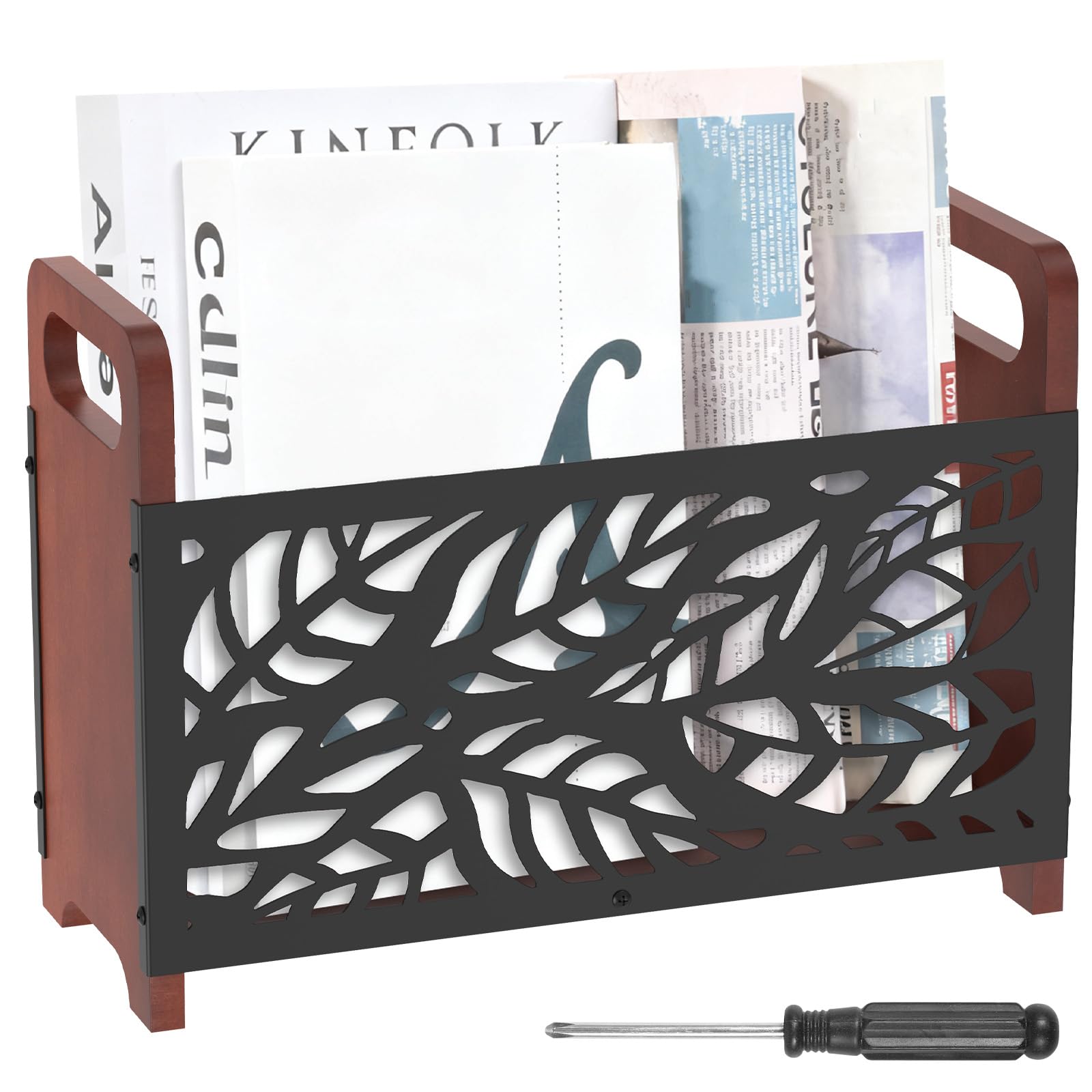 Yunyouc Leaf Magazine Rack, Wood Magazine File Holder, Rustic Newspaper Basket, Space Saving Mail Organizer, Folder Organiser Bin For Magazines Books Newspapers Tablets In Living Room Home Office(Leaf)