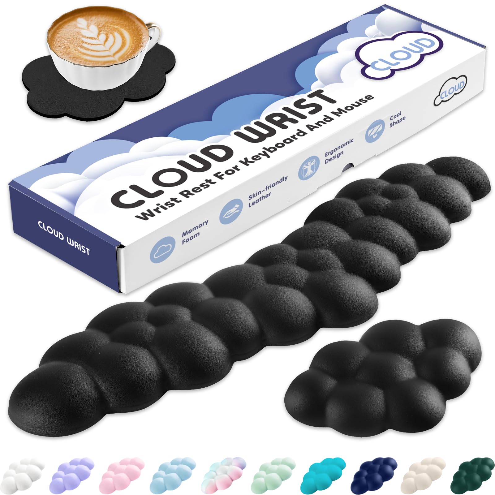 Sushret Handballenauflage Tastatur Wolke, Ergonomisches Handauflage Tastatur Wolke Mit PU Leder Memory Schaum, Cloud Wrist Rest, Niedliche Wolken Handgelenkstütze Maus Für PC Gaming Zubehör – Schwarz
