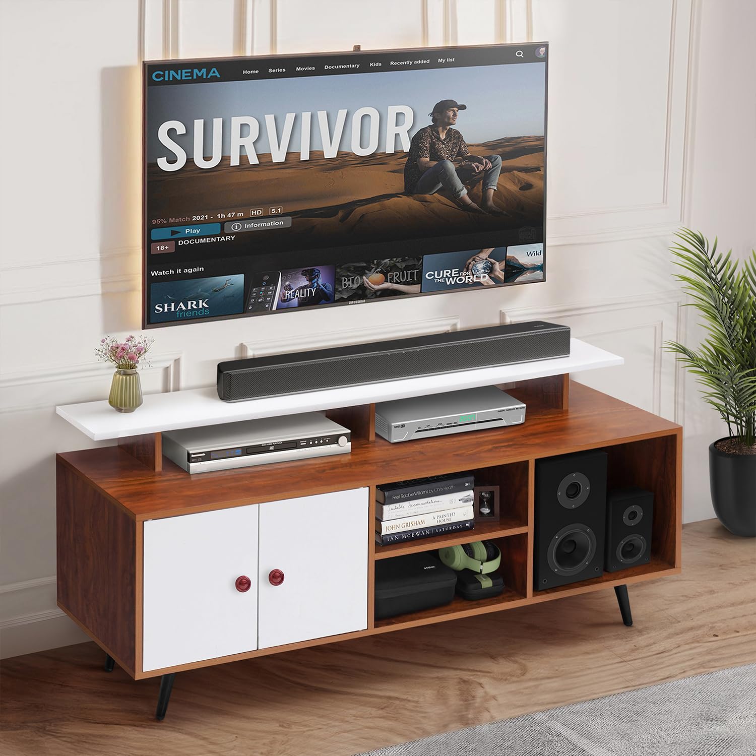 ABOUT SPACE TV Unit - Engineered Wood DIY TV Stand with Cable Hole Cabinet with Door, Adjustable Shelf, Open Display Shelves for WiFi Router Stand (Oak Red &White-L140 x B40 x H64 cm)