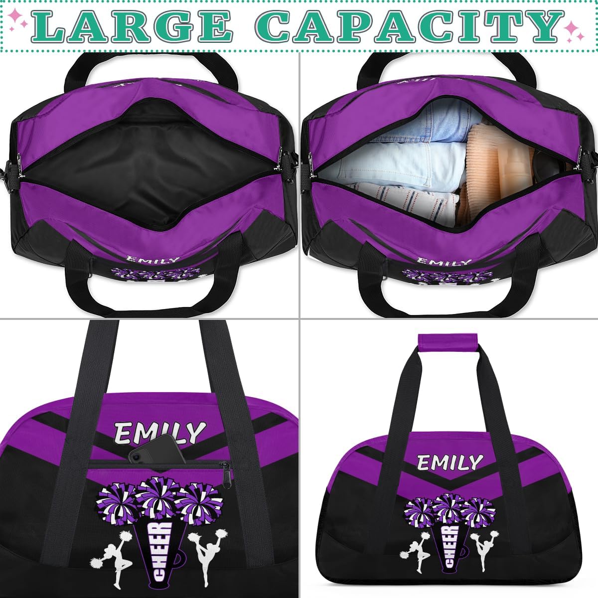 Personalize Cheer Duffel Bags with Custom Name & Text Sport Dance Gym Bags Garment Bags Gift for Girls Kids Cheerleaders Overnight Weekender Travel Purple Black 3