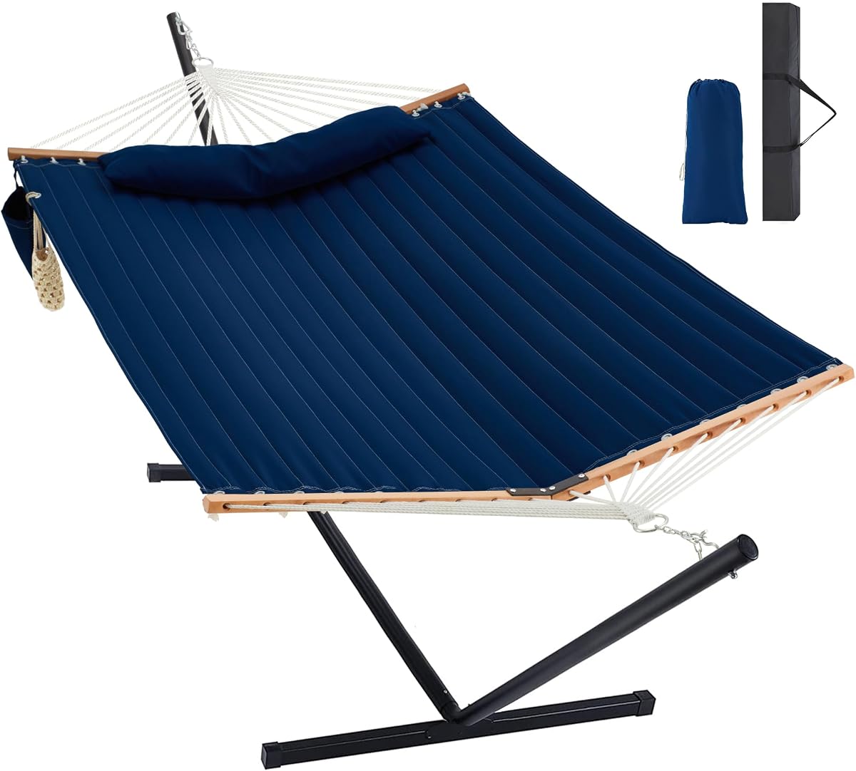 Two Person Hammock with Stand for Outside, Dark Blue | Heavy Duty Outdoor Patio Hammock with Portable Steel Stand, Large Double Hammocks,480lbs Capacity