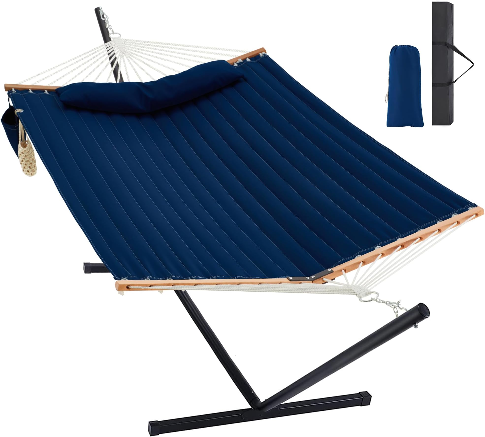 Two Person Hammock with Stand for Outside Heavy Duty, Outdoor Patio Hammock with Portable Steel Stand, Large Double Hammocks,480lbs Capacity.(Dark Blue)
