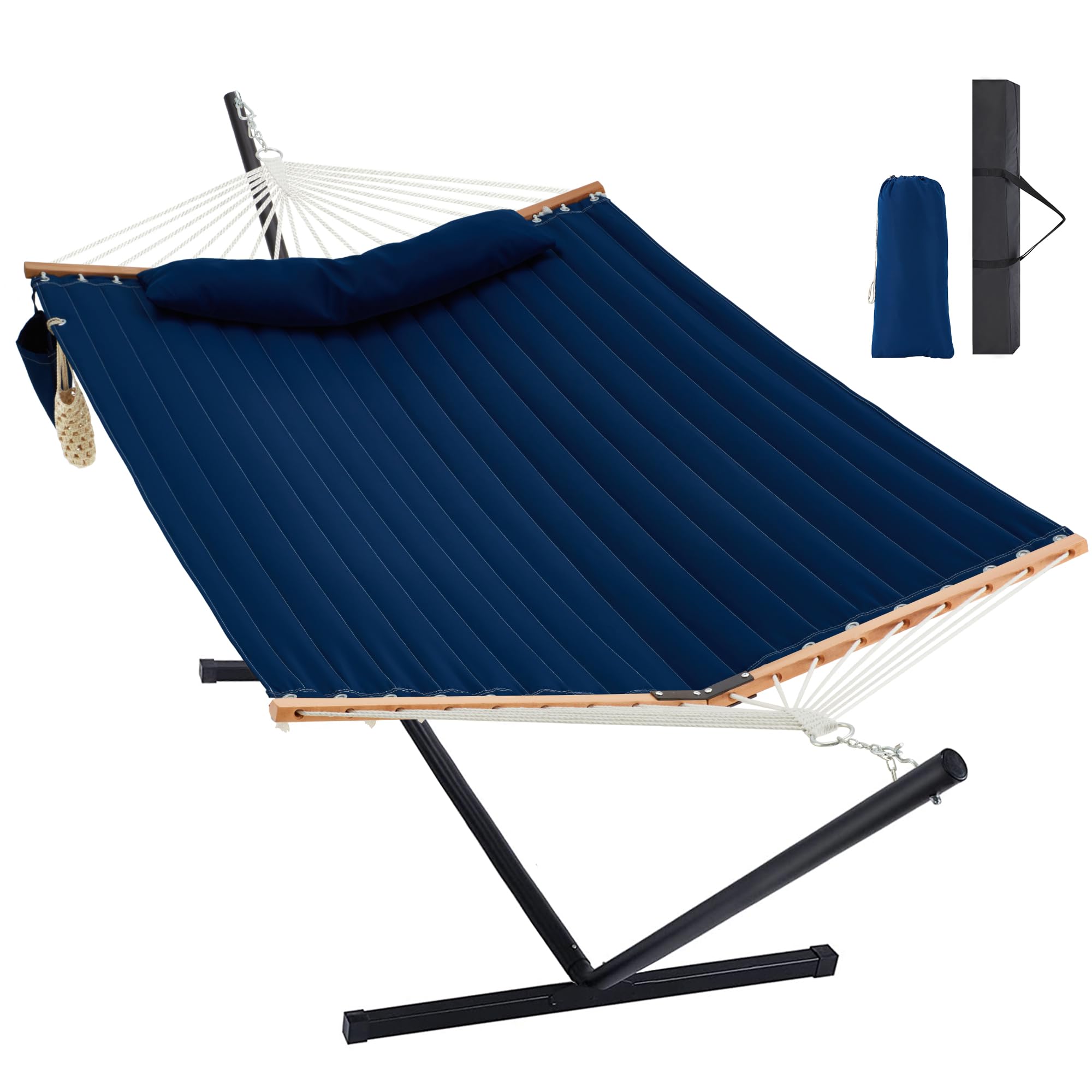 Two Person Hammock with Stand for Outside Heavy Duty, Outdoor Patio Hammock with Portable Steel Stand, Large Double Hammocks,480lbs Capacity.(Dark Blue)