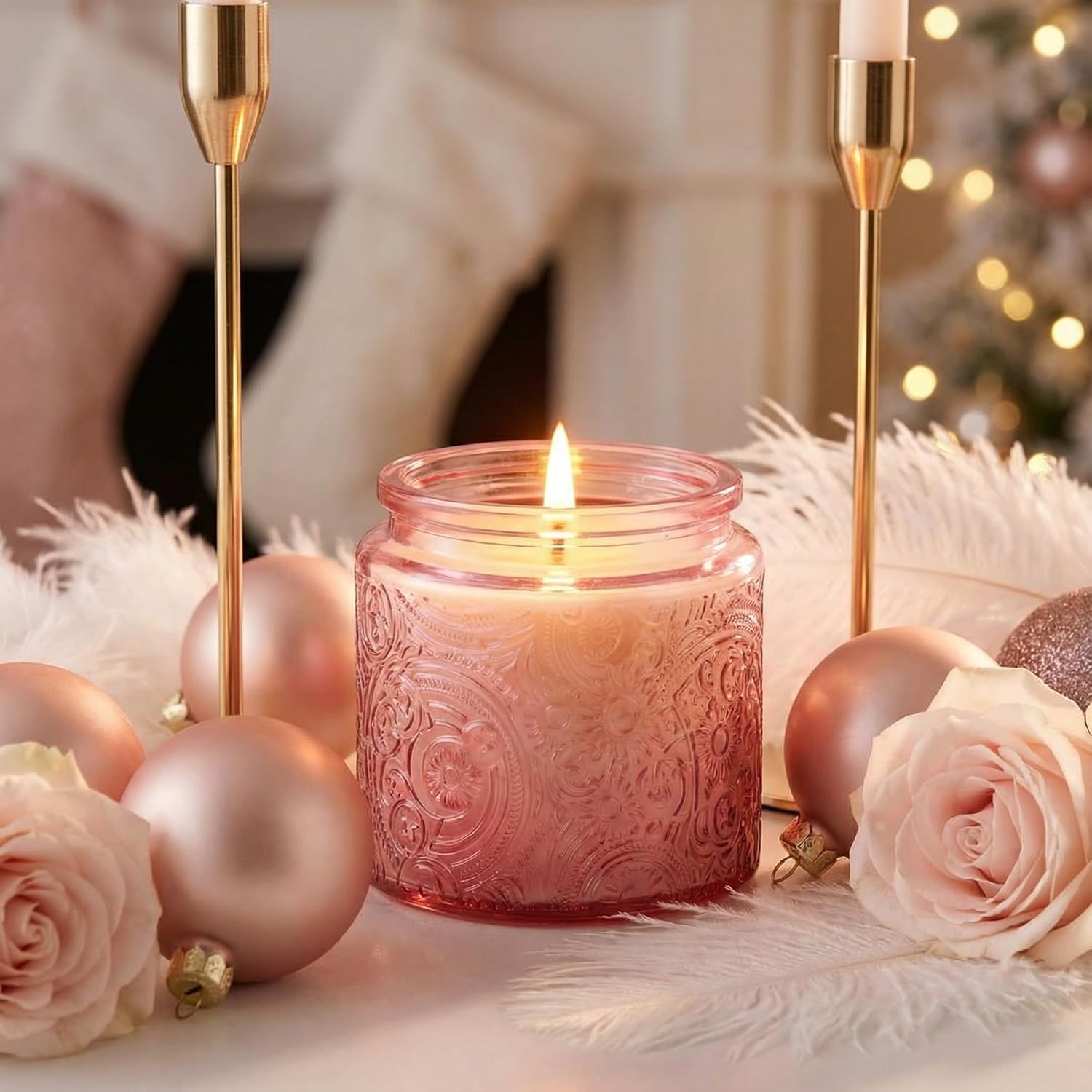 10 oz Embossed Glass Candle Container with Bamboo Lids and Labels, Clear Candle Jars for Making Candles, Sun Moon Stars Design - Pack of 9 (Pink)