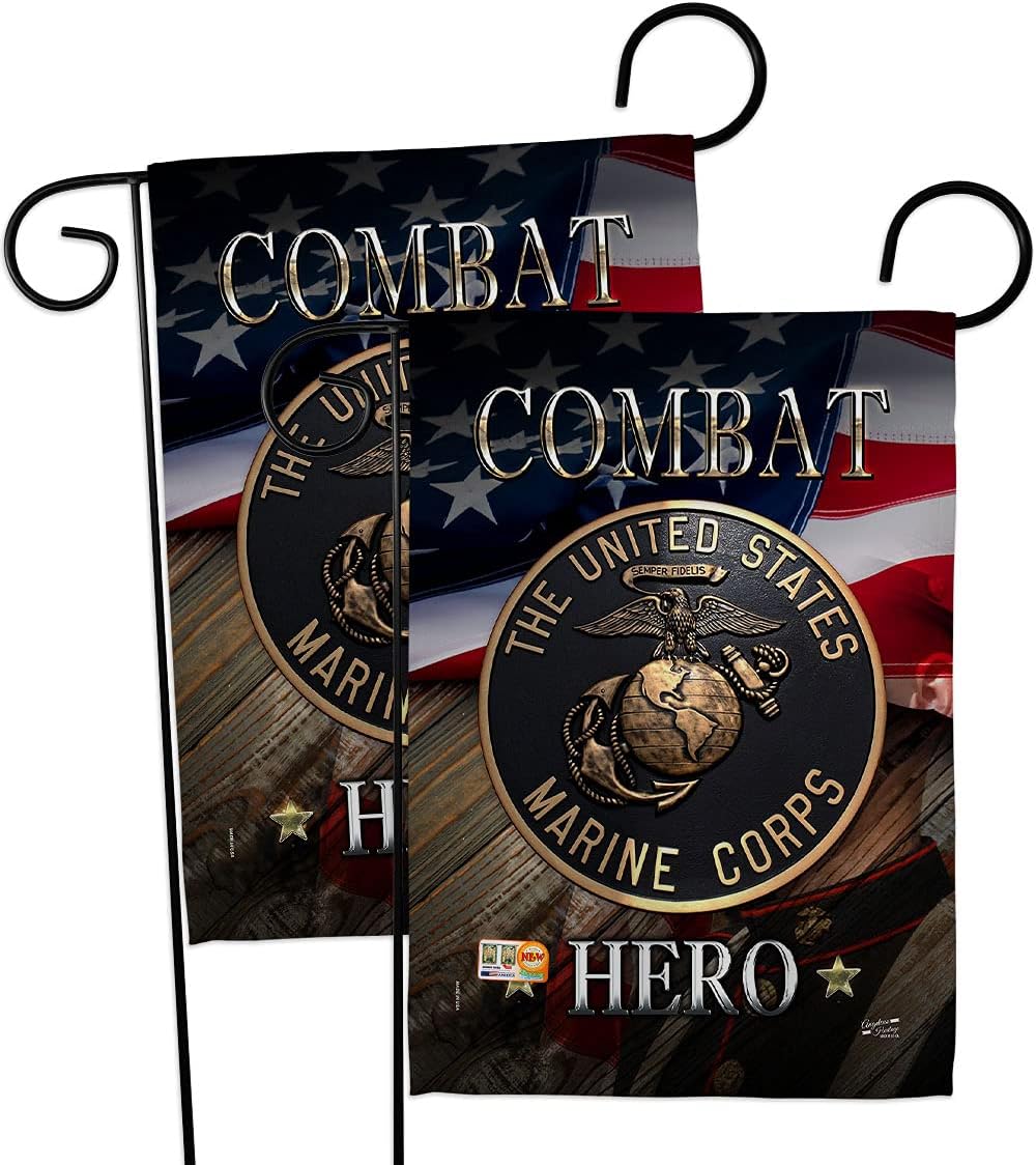 Marine Combat Hero Burlap Burlap Garden Flags Pack Armed Forces Corps USMC Semper Fi United State American Military Veteran Retire Official USA Vintage Applique Gift Yard House Double-Sided 13 X 18.5
