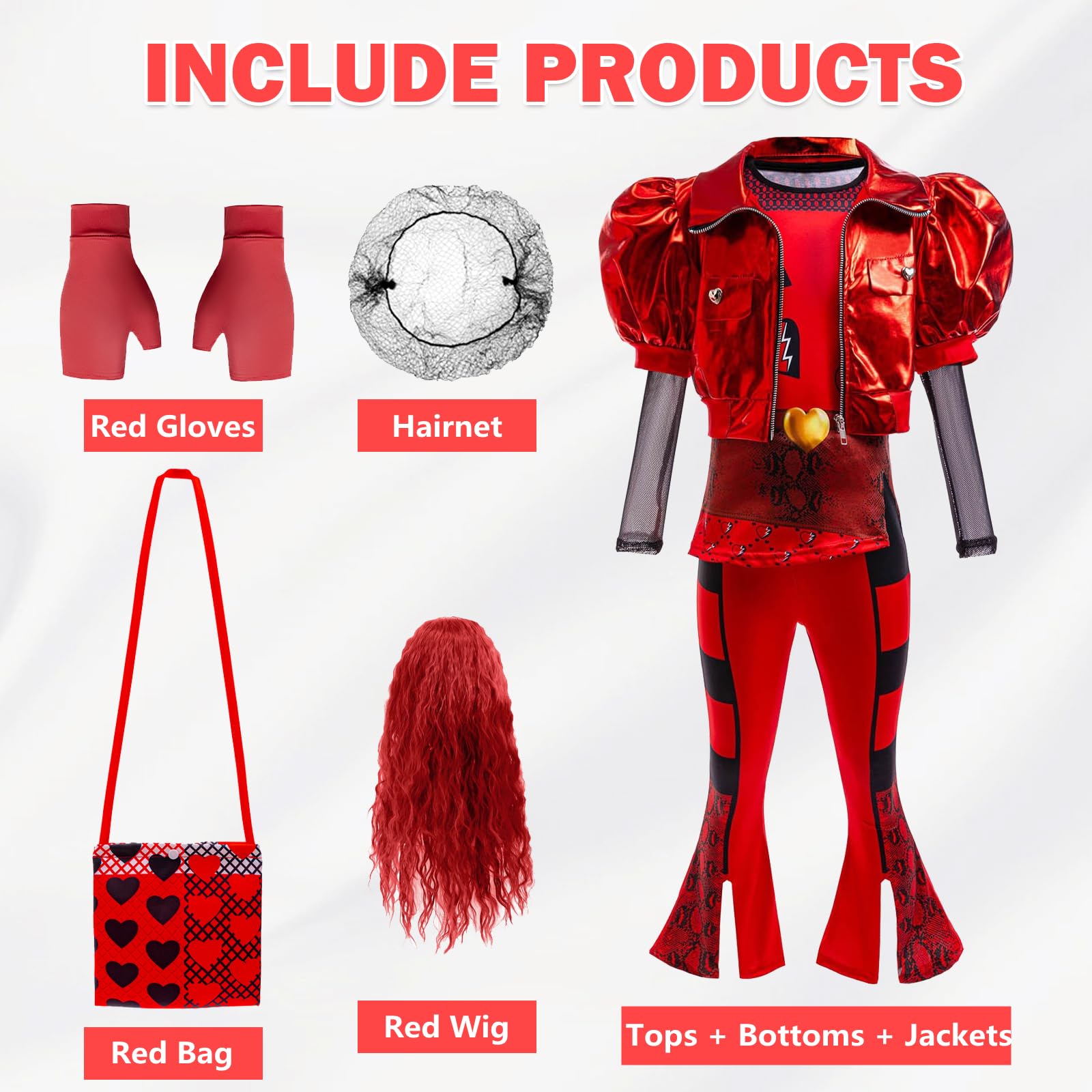 Red Kostüm mit Jacke, Top, Hosen Perücke Rot, Rot Handschuhe, Liebesbeutel für Karneval, Haloween Kostüm Mädchen
