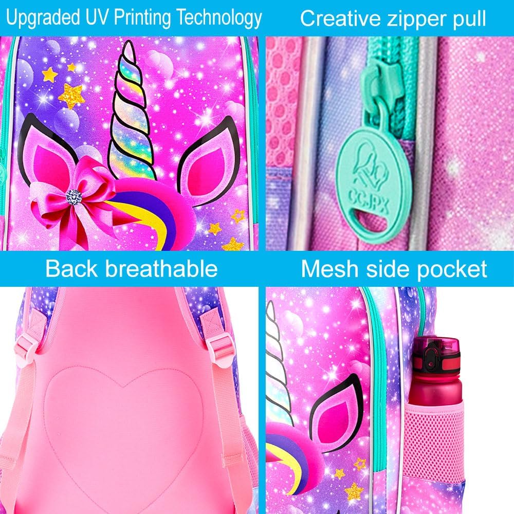 UFNDC 3PCS Girls Unicorn Backpack, 16" Kids Bookbag with Lunch Box, Water Resistant School Bag for Elementary Preschool Toddler