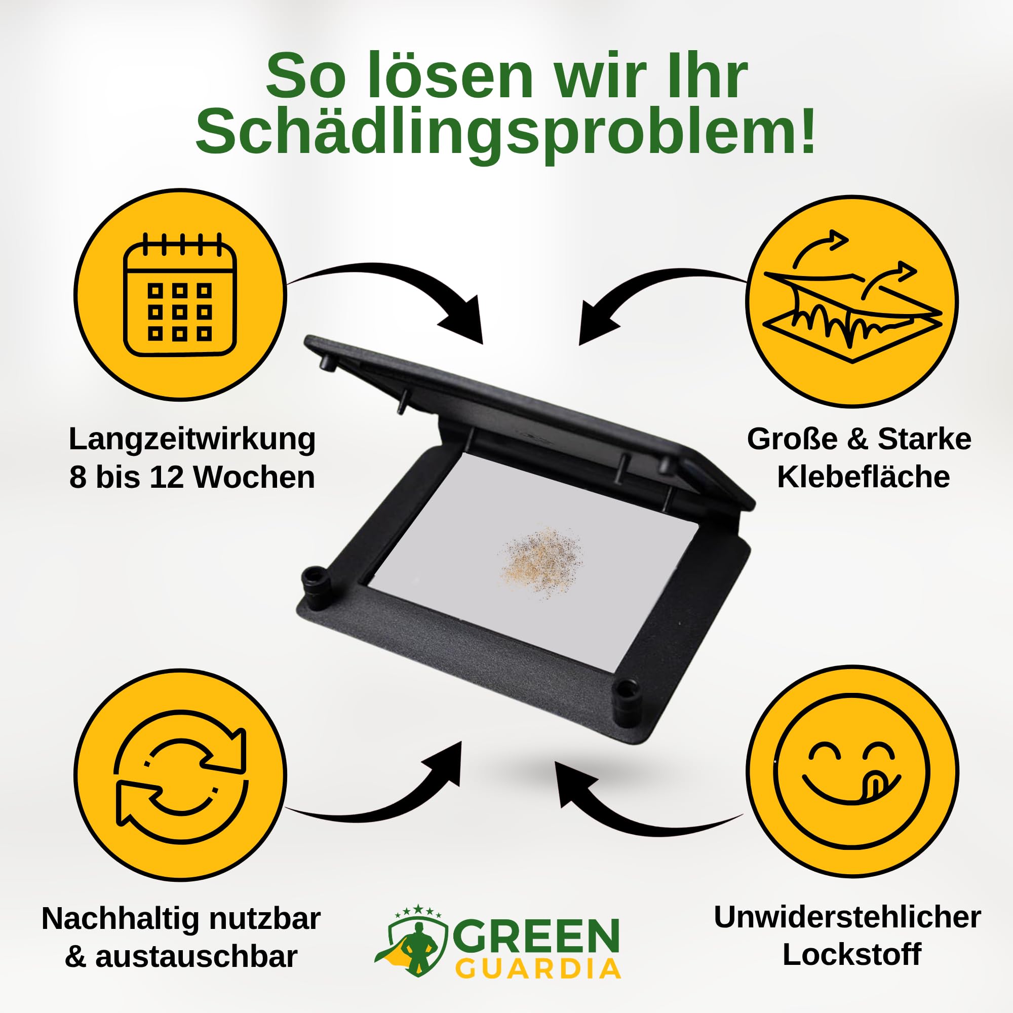 GREEN GUARDIA Kellerasseln Falle mit Pheromon-Lockstoff - 10x Fallen - umweltfreundlich Ungeziefer bekämpfen, Chemiefreie Pheromonfalle mit austauschbaren Klebeflächen, giftfrei und geruchsneutral
