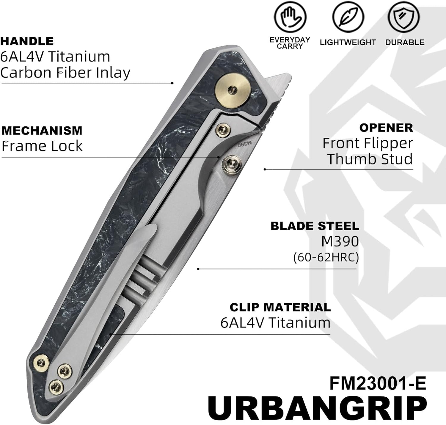 Folding Pocket Knife for Men, EDC Knife with 3.67" M390 Blade, Titanium Frame Lock Handle Carbon Fiber Inlay, Outdoor Camping Hiking Knife (Grey&Black)