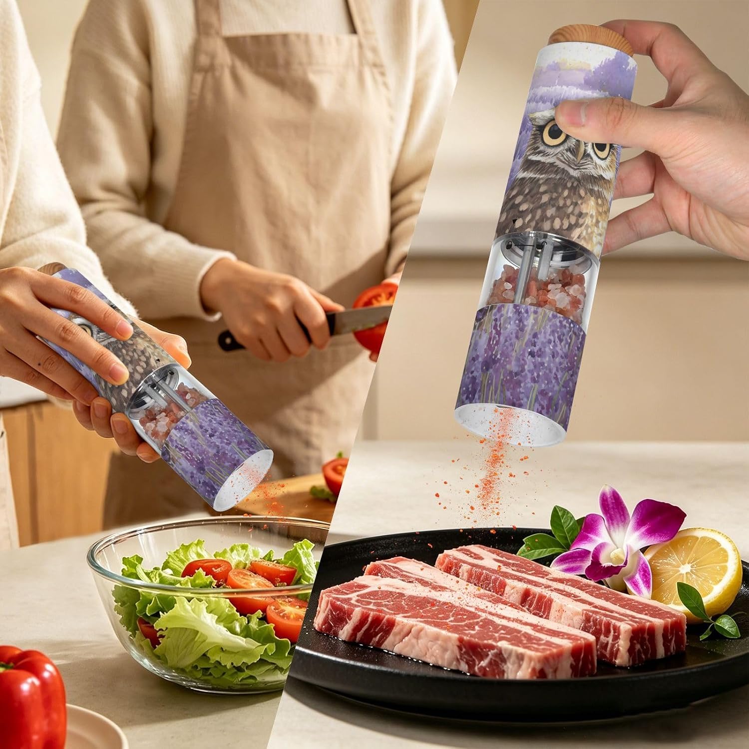 ALAZA Electric Pepper Grinder with Adjustable Coarseness, Owl Lavender Purple Flower Battery Automatic Salt and Pepper Mill with Led, One-Handed Operation Spice Grinder for Kitchen, Camping & BBQ