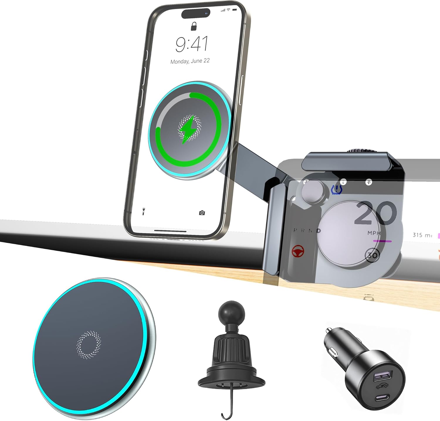 Tesla Phone Mount for Model Y & Model 3, Magnetic Car Phone Holder for Tesla Screen,15W Magnetic Wireless Car Charger with 360° Rotation,No Adhesive Dashboard Mount for iPhone