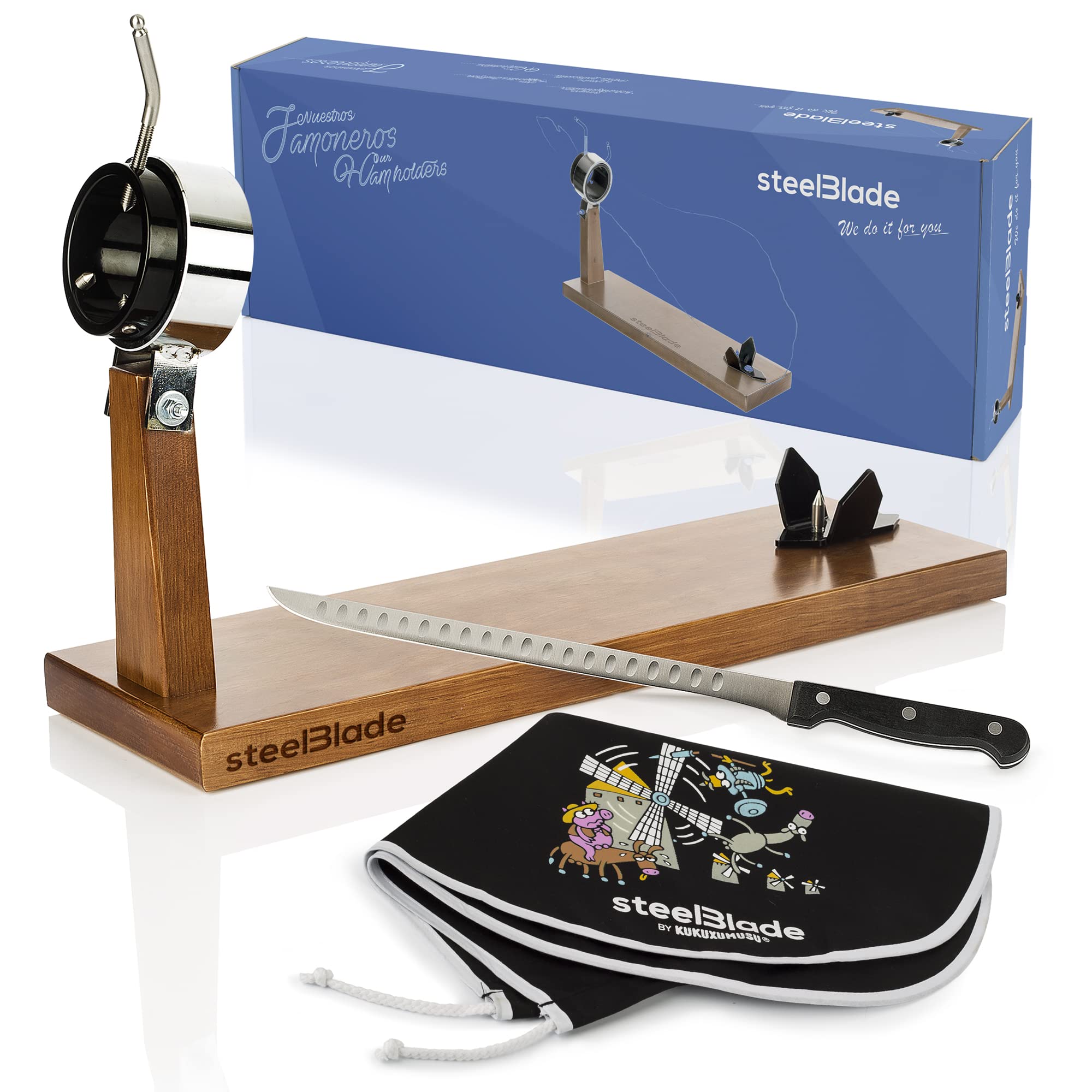 Support à jambon rotatif à 360° en bois laqué + couvre-jambon Kukuxumusu + couteau à jambon 28 cm - Fabriqué en Espagne - 2 positions pour jambon et palettes (011132)