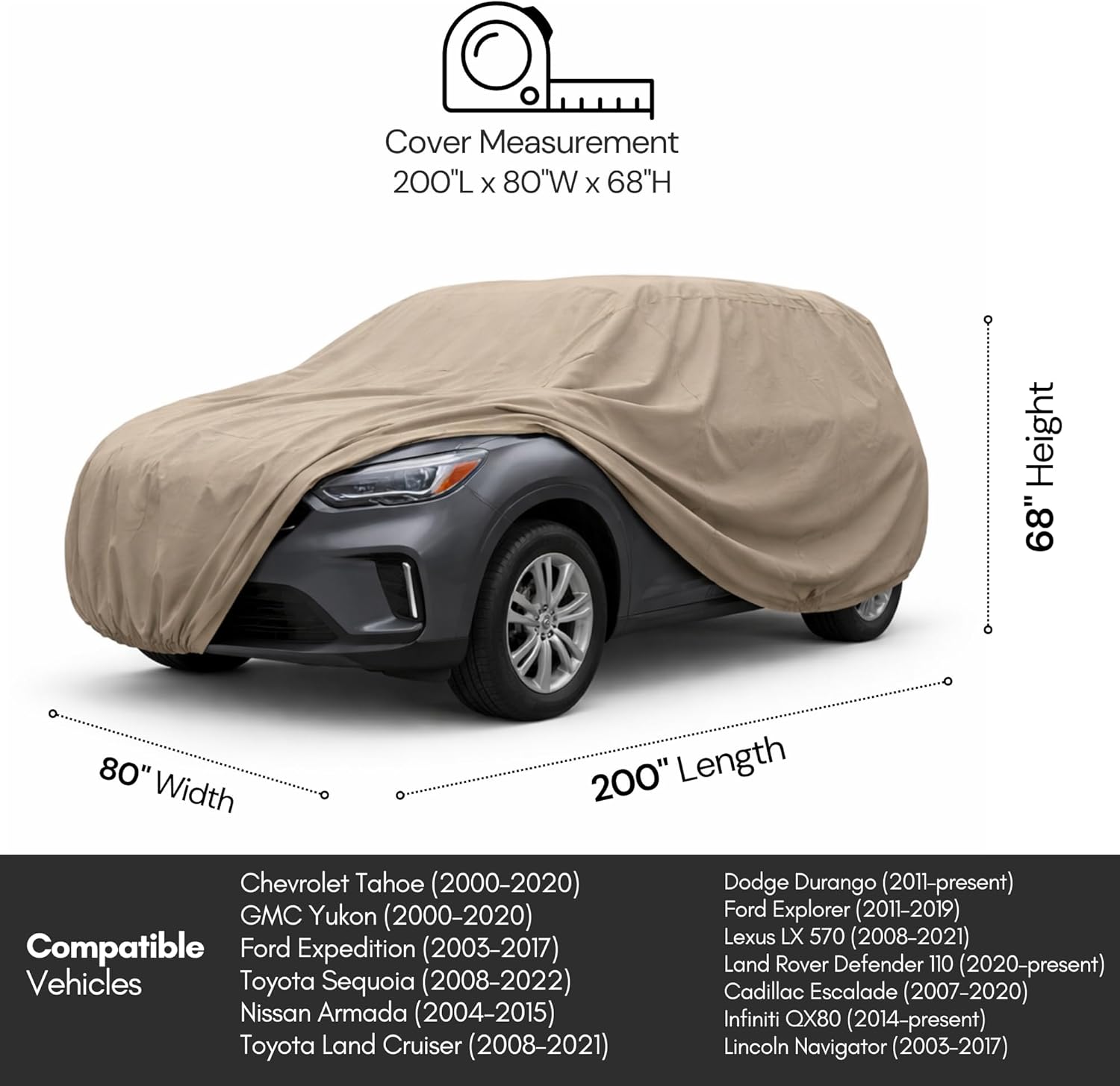 Formosa Covers SUV Cover Waterproof All Weather Universal Fit Up to 200" | 5-Layer Polypropylene Breathable Fabric | Fits Jeep Wrangler, Ford Bronco, Toyota Highlander, Honda Pilot and More | Grey