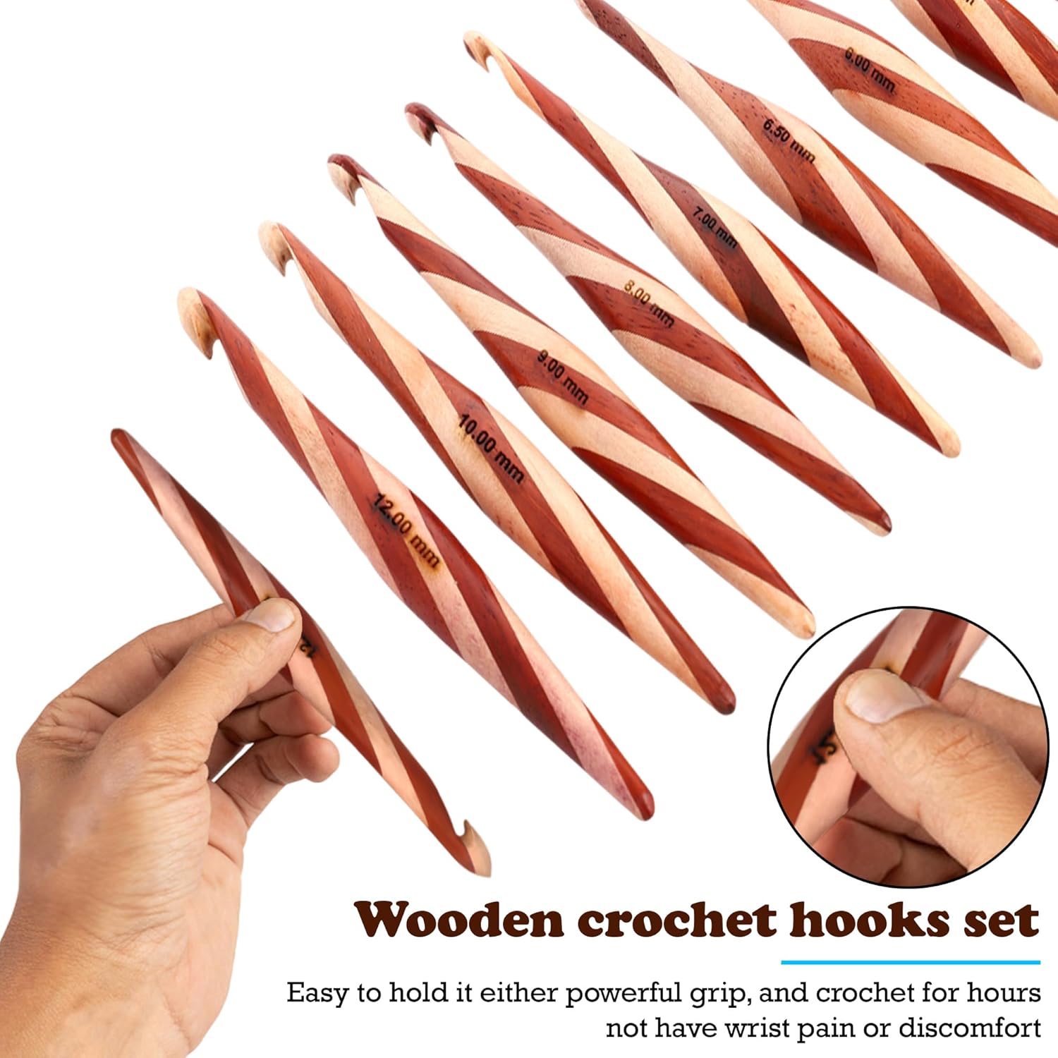 Brainmart Wooden Crochet Hooks, Set of 12 Premium Maple & Red Wood Knitting Hooks, 3.5mm(E) to 12mm(P) with Holder Ergonomic Knitting Needles, Perfect for Knitters & Crocheting