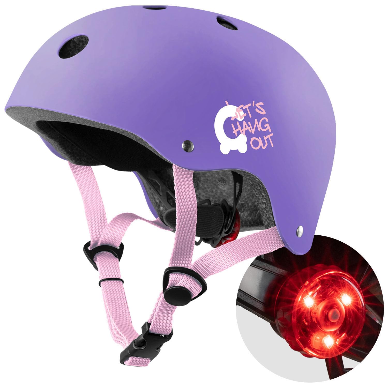 Cariboo Kask Rowerowy Dla Dzieci Kask Dla Dziewczynki i Chłopca Wytrzymały Ze Śwatłem LED Na Rower Hulajnogę Rolki XS/S 48-52 cm Liliowy/Różowy