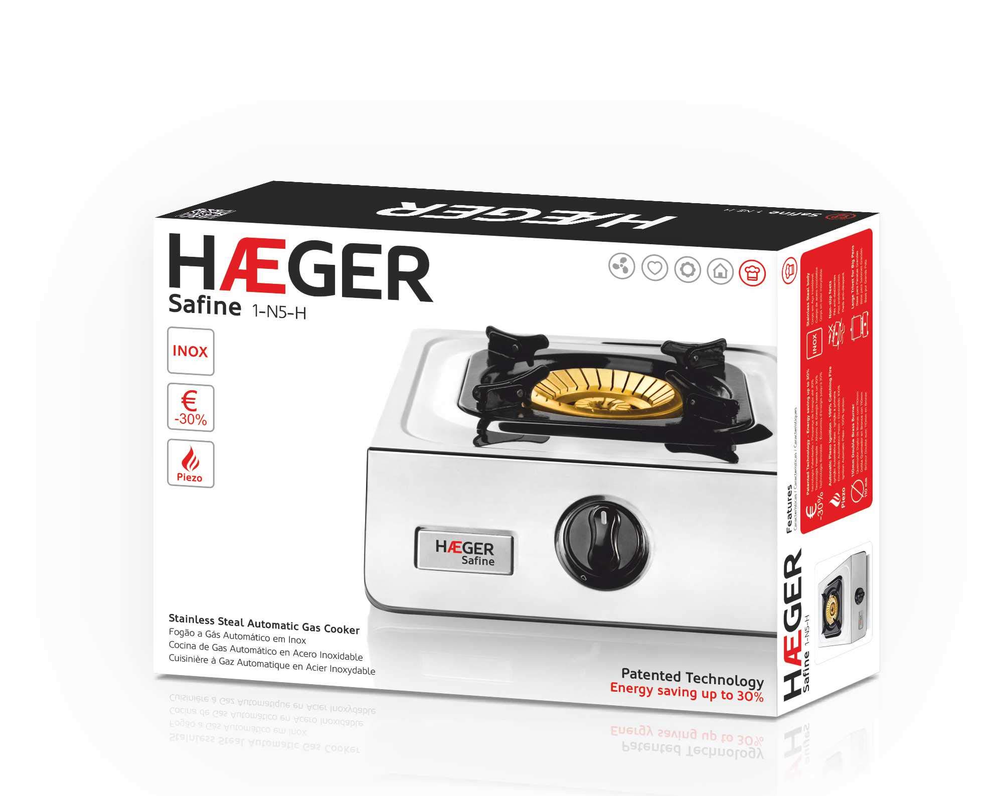HAEGER SAFINE - Gaskocher mit patentierter Technologie, Automatische Zündung PIEZO, Doppelbrenner in Bronze mit 110 mm, Körper aus INOX, Anti-Rutsch-Füße und Fuß für große Pfannen