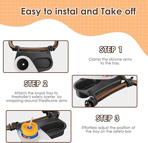 Miniatura 8 de Bandeja universal para bocadillos para cochecito con portavasos y tapa a prueba de derrames, se adapta a cochecitos, sillas altas, cochecitos de