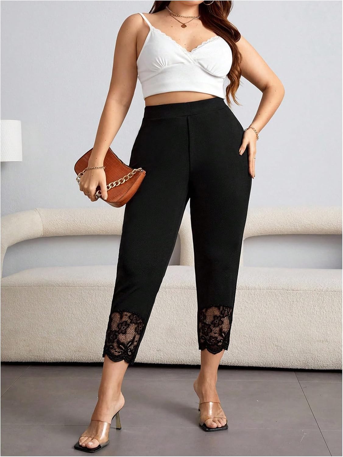 WDIRARA Women's Plus Size High Waisted Contrast Lace Capri Leggings Stretchy Skinny Pants - Image 5