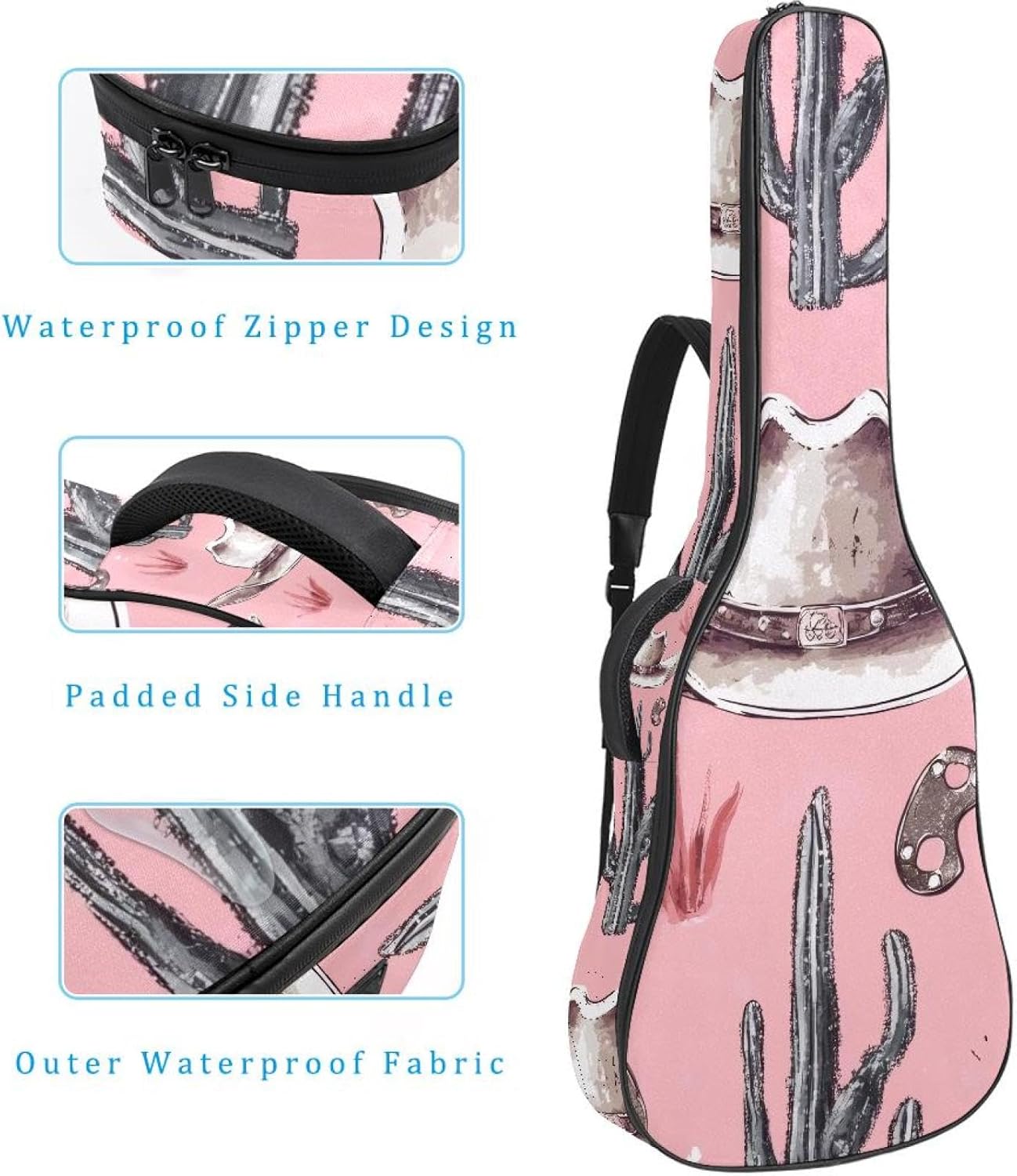 40 41 42 Inch Acoustic Guitar Bag, 0.4 In Thick Sponge Padded Guitar Case Gig Bag with Back Hanger Loop and 2 Pockets, Cowboy Hat Cactuses and Horseshoes Pink Background