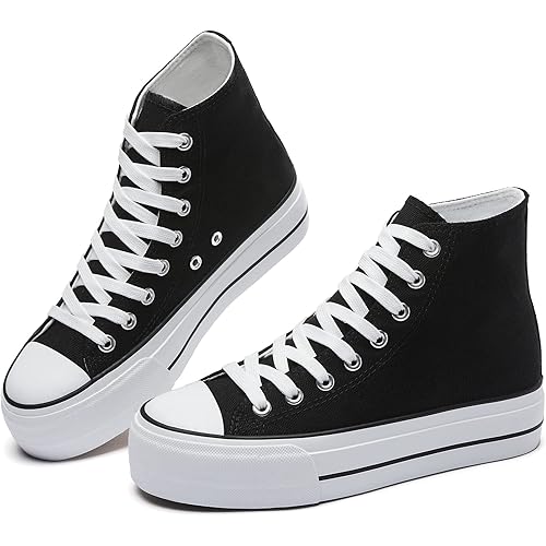 FINIWOR Platform Sneakers for Women White High Top Canvas Shoes Classic Black Platform Shoes Lace-Up Casual Shoes for Women